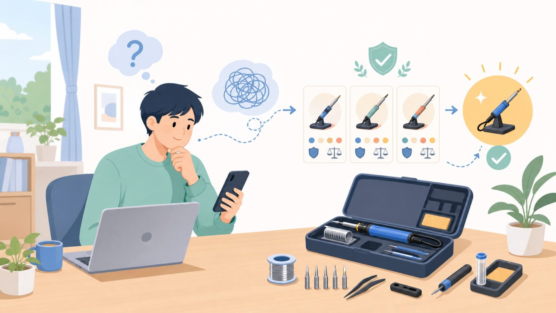 Lesimollのはんだごてセットの中身と価格帯をチェックを表すイラスト