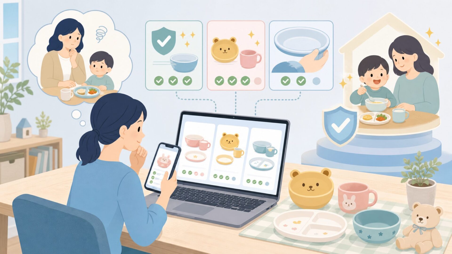 子ども向け食器ブランドとしての特徴と安心材料を表すイラスト