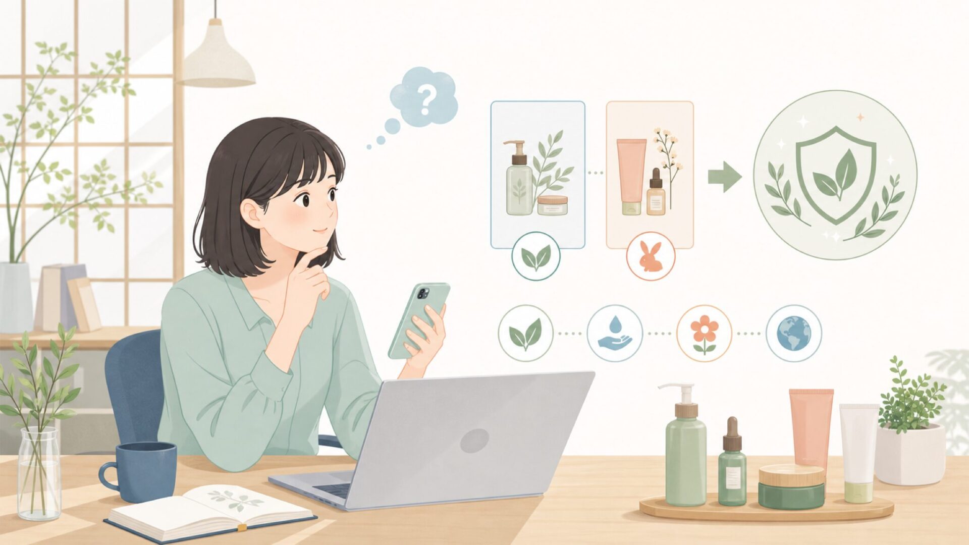 クリーンビューティー&ヴィーガンへのこだわりを深掘りを表すイラスト