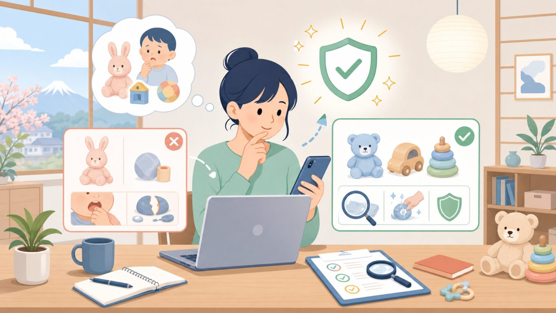 子どもに使って大丈夫？購入前に確認したい安全性のポイントを表すイラスト