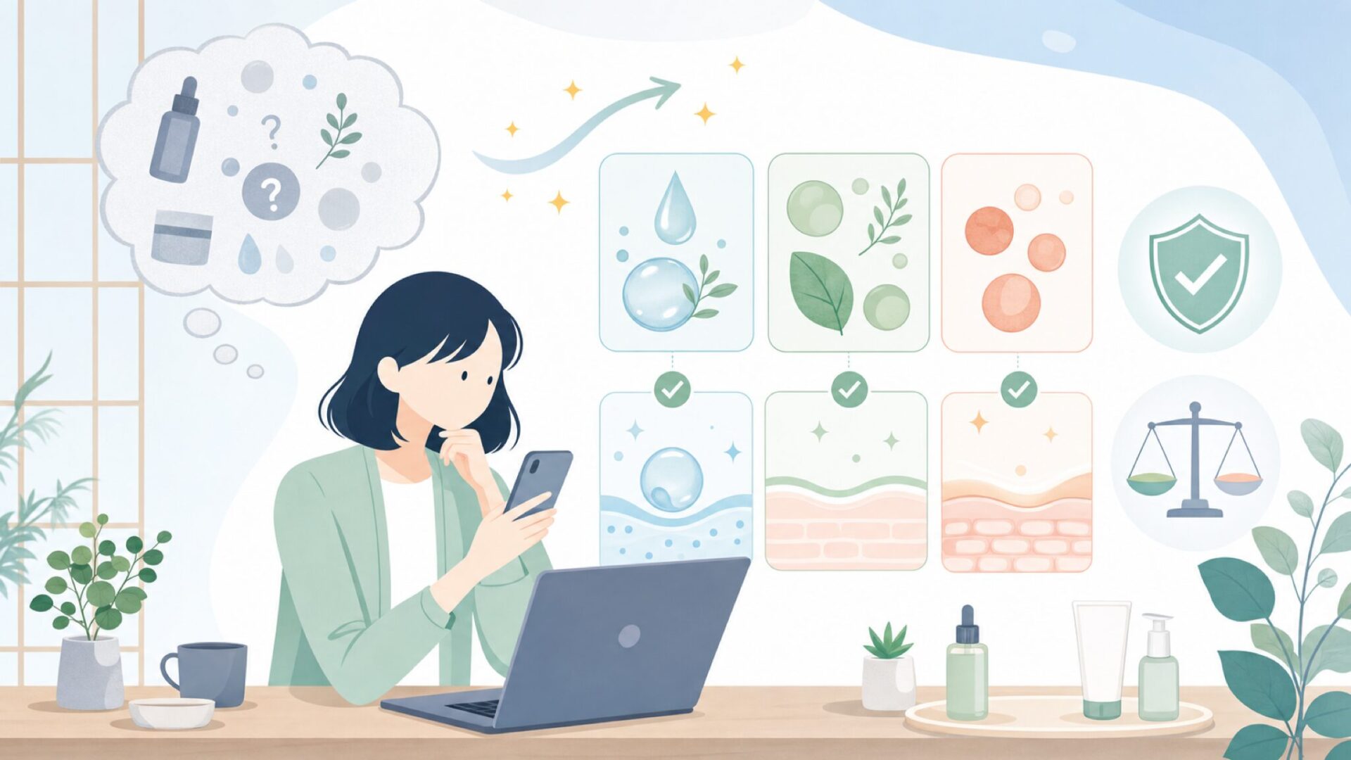 iUNIKが選ばれる理由——シンプル処方と目に見える使用感を表すイラスト
