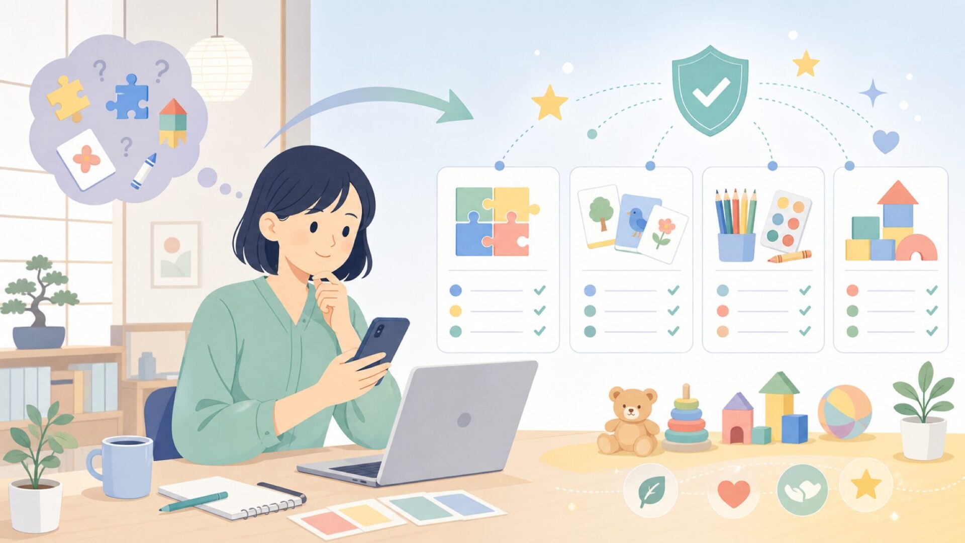 eeBooのおもちゃの特徴と代表的な商品ジャンルを表すイラスト