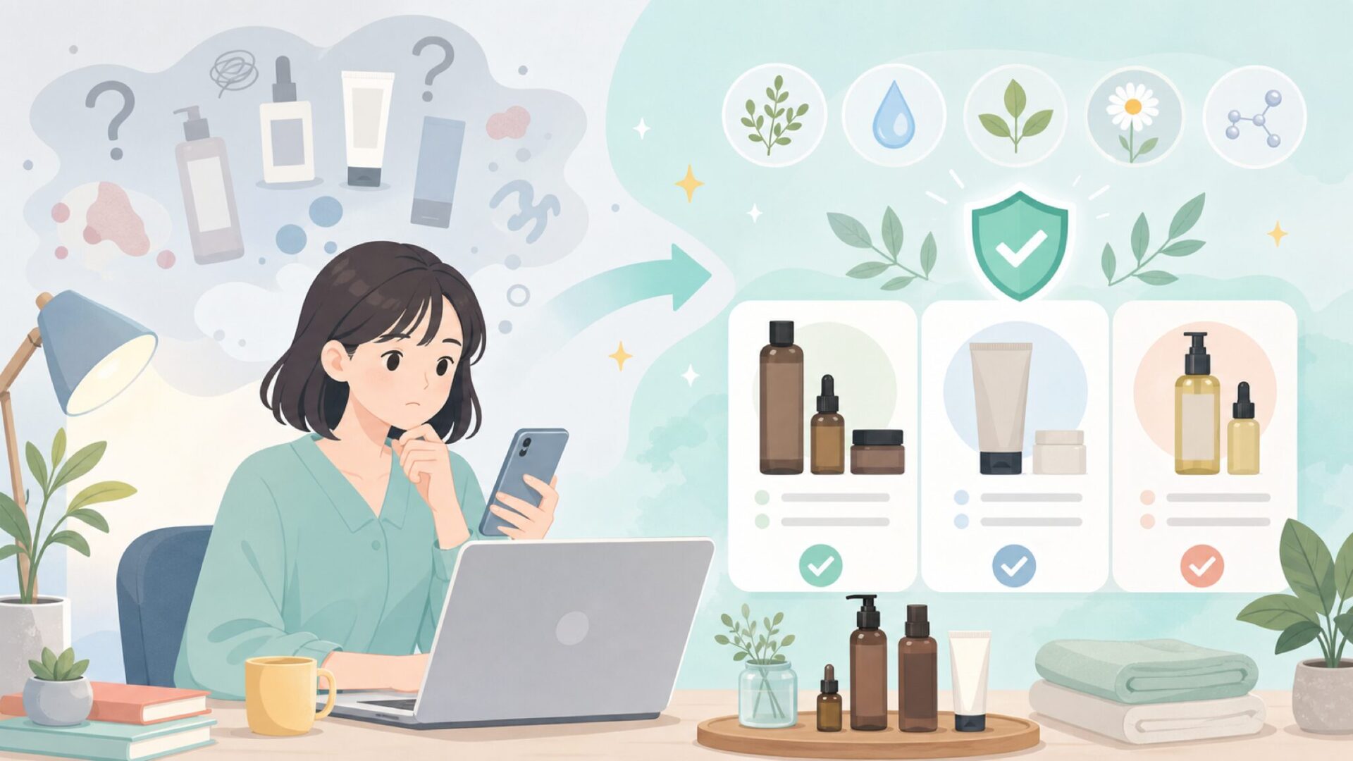 Bentonの商品特徴｜敏感肌にやさしい成分と代表アイテムを表すイラスト
