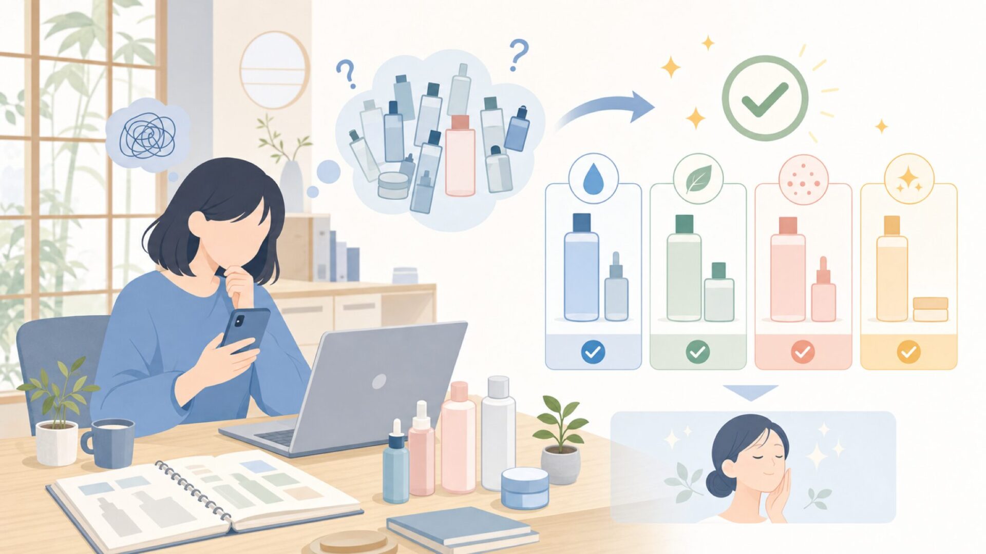 肌悩み別・ONE THING化粧水の選び方を表すイラスト