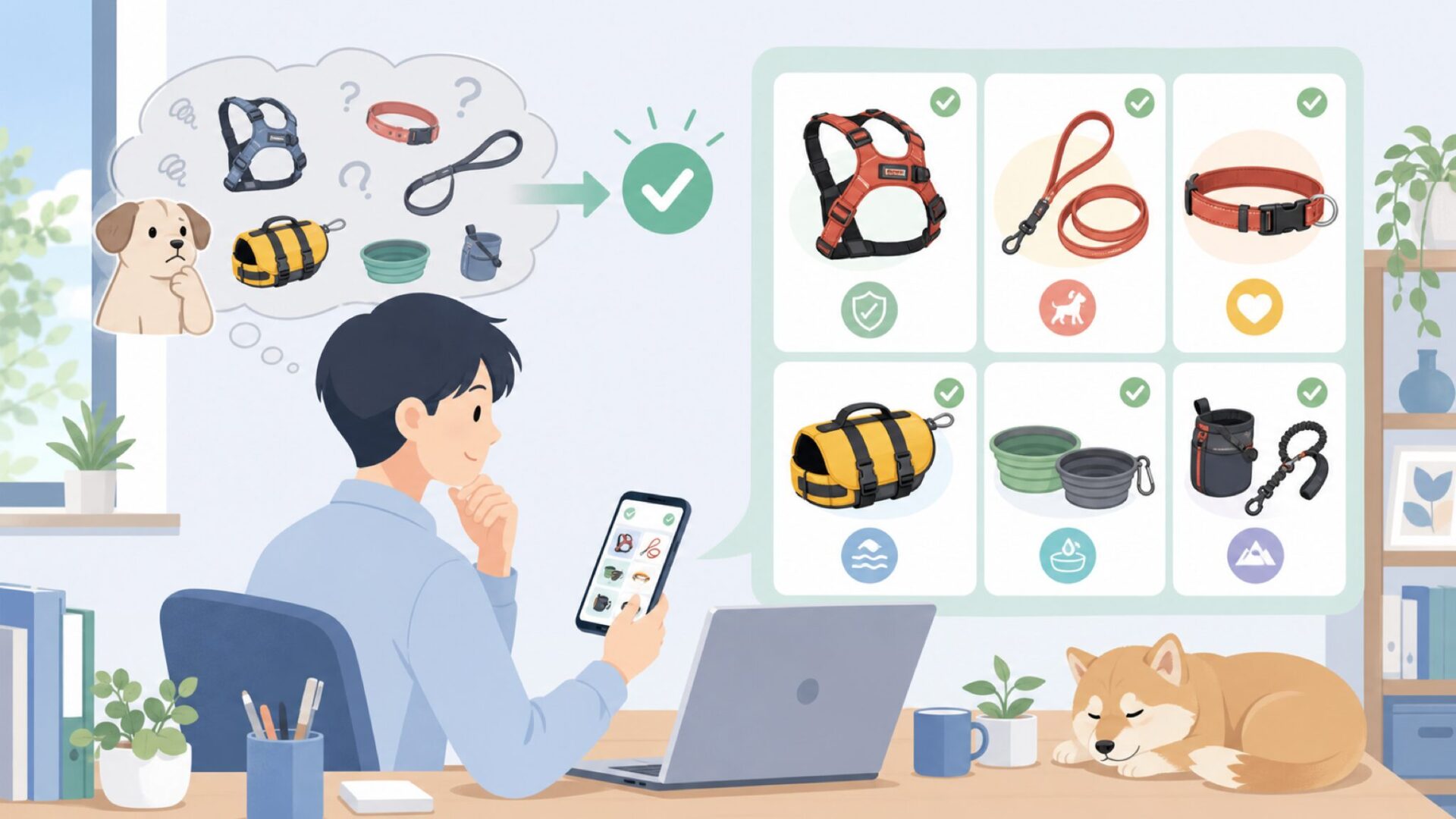 EzyDogペット用品のラインナップと得意分野を表すイラスト