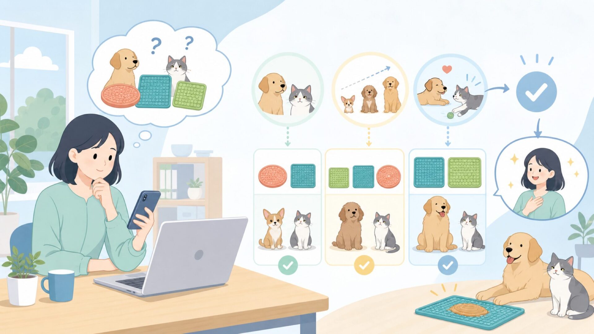 犬・猫それぞれに合うLickiMatの選び方を表すイラスト