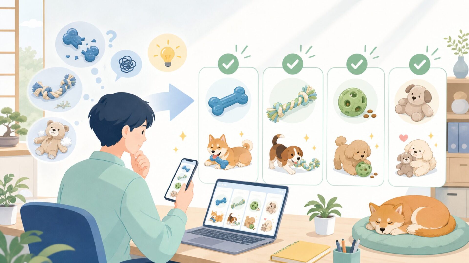 犬用おもちゃで選ばれる代表カテゴリと特徴を表すイラスト