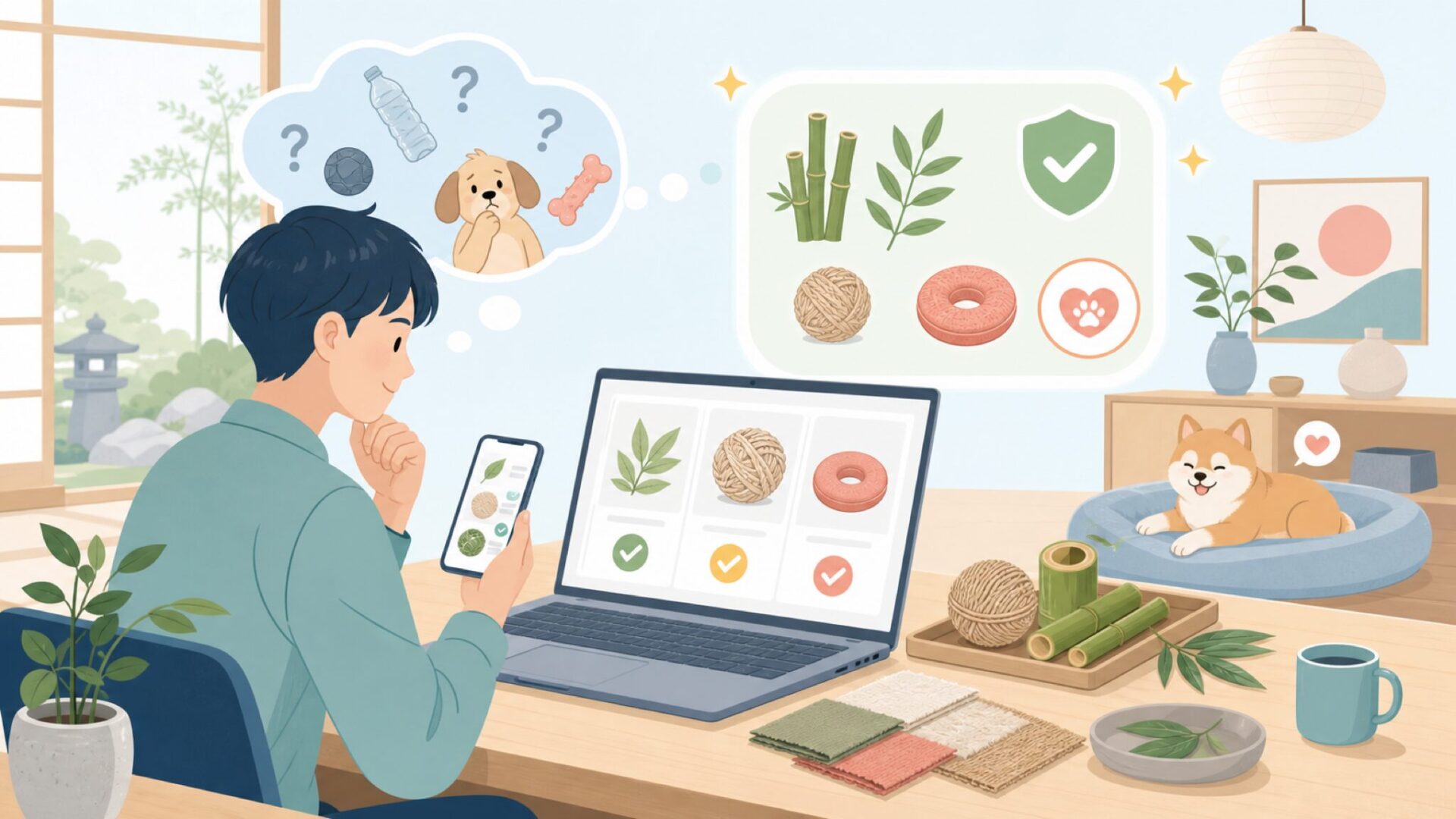 素材とペットへの安全配慮からわかる信頼性を表すイラスト