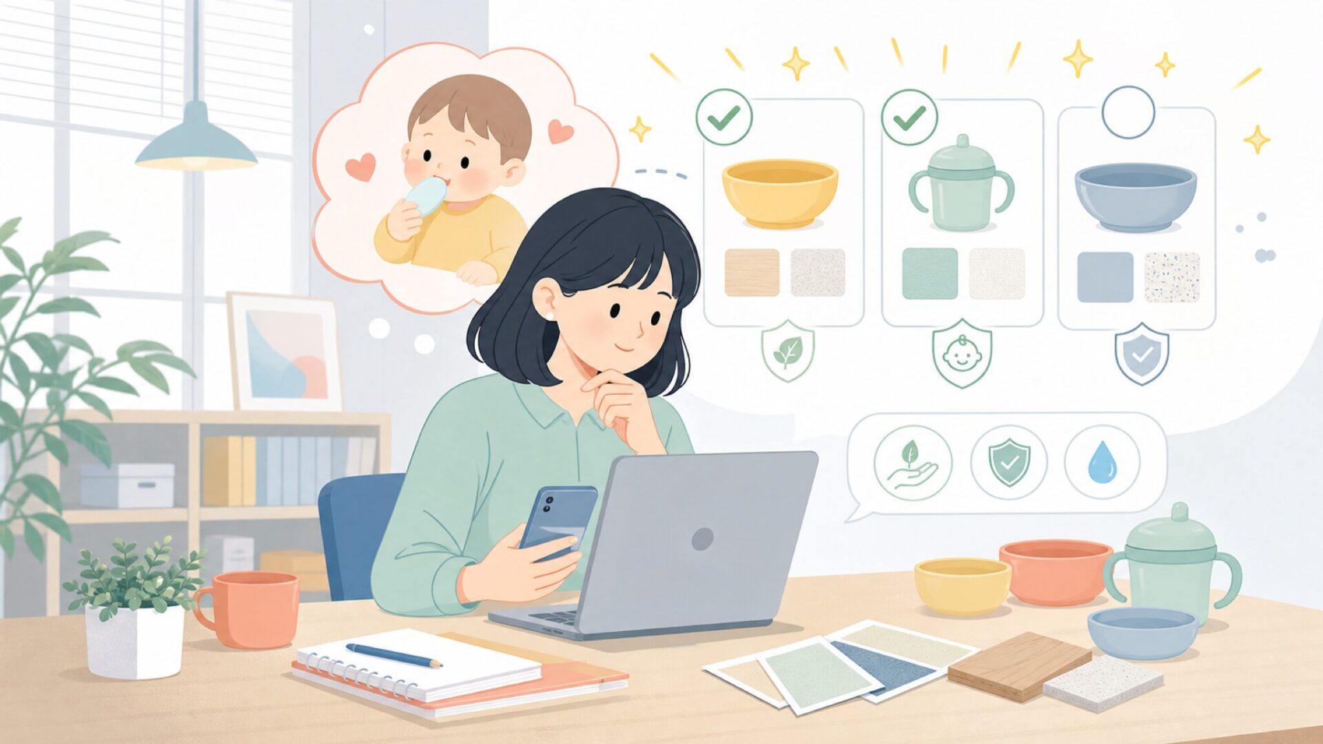 素材や安全性は子どもに安心して使わせられるかを表すイラスト