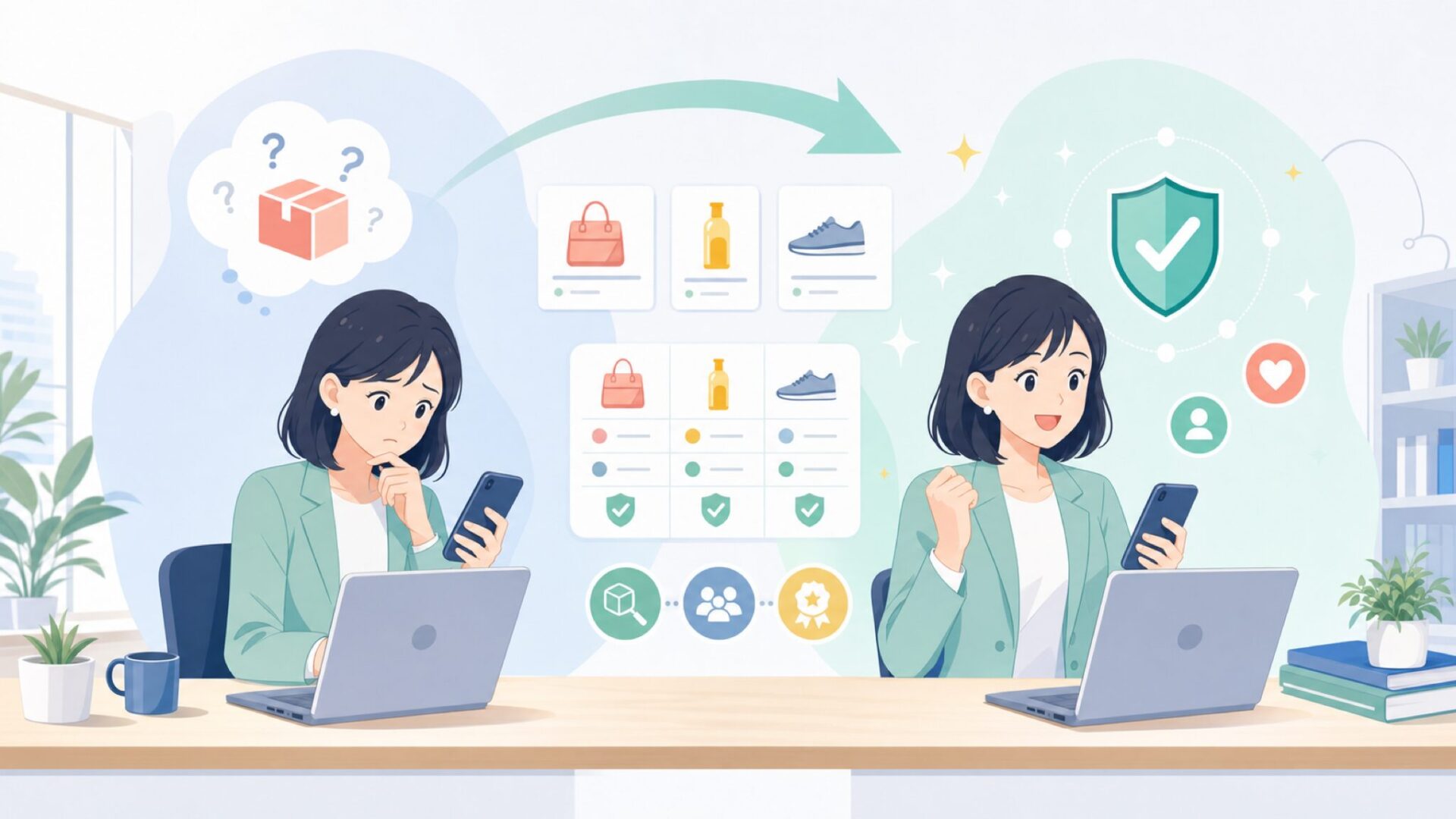 「怪しくない？」という不安を解消する──信頼性の確認ポイントを表すイラスト