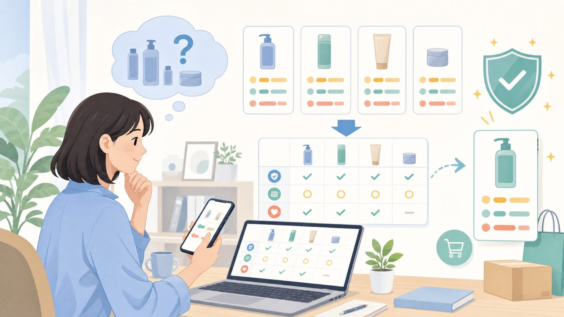 購入先の比較とお得に選ぶための代替ブランド候補を表すイラスト