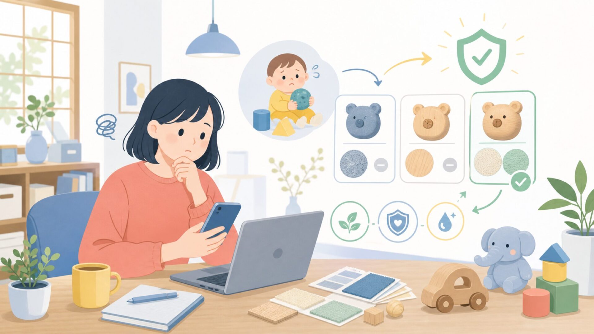 子どもに与える前に確認したい安全性・素材へのこだわりを表すイラスト
