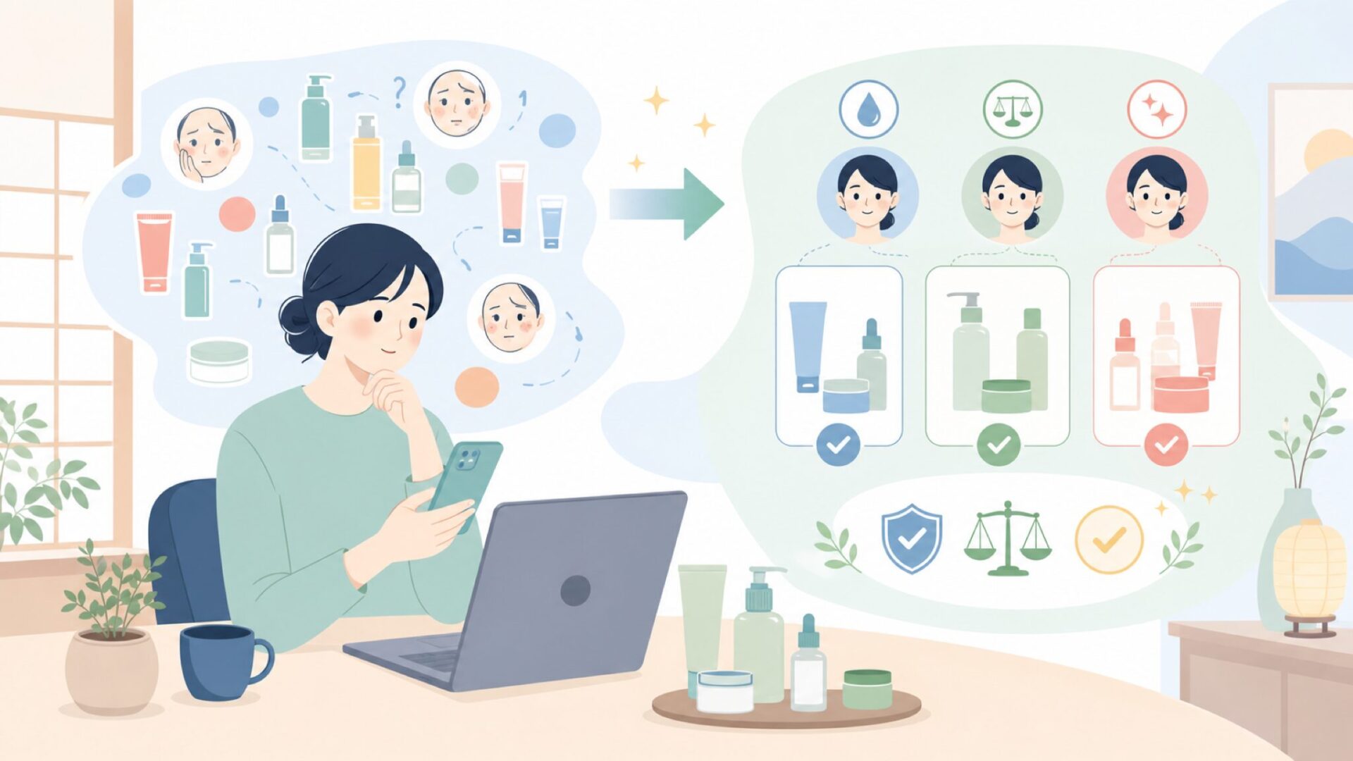 Anuaの代表商品を悩み別に比較するを表すイラスト
