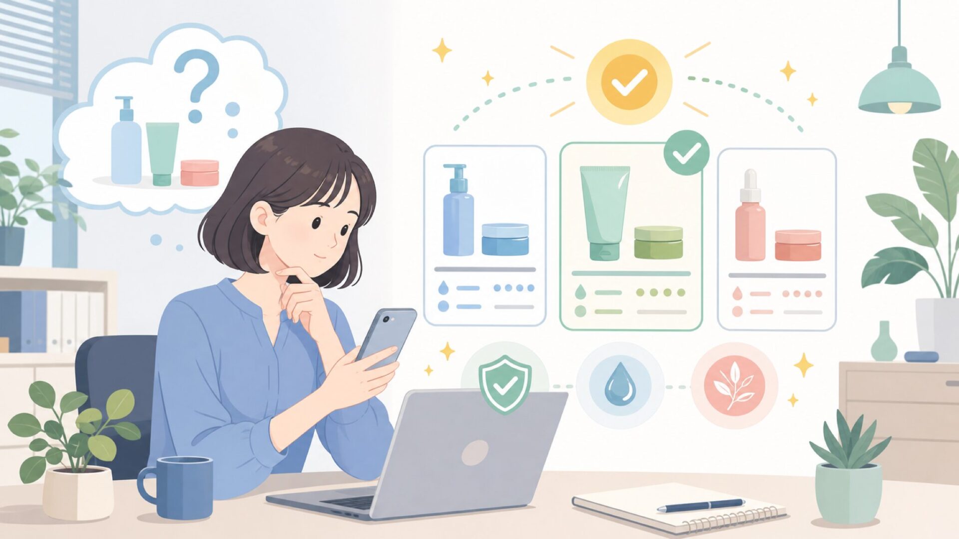 代表商品とスキンケアの特徴を表すイラスト
