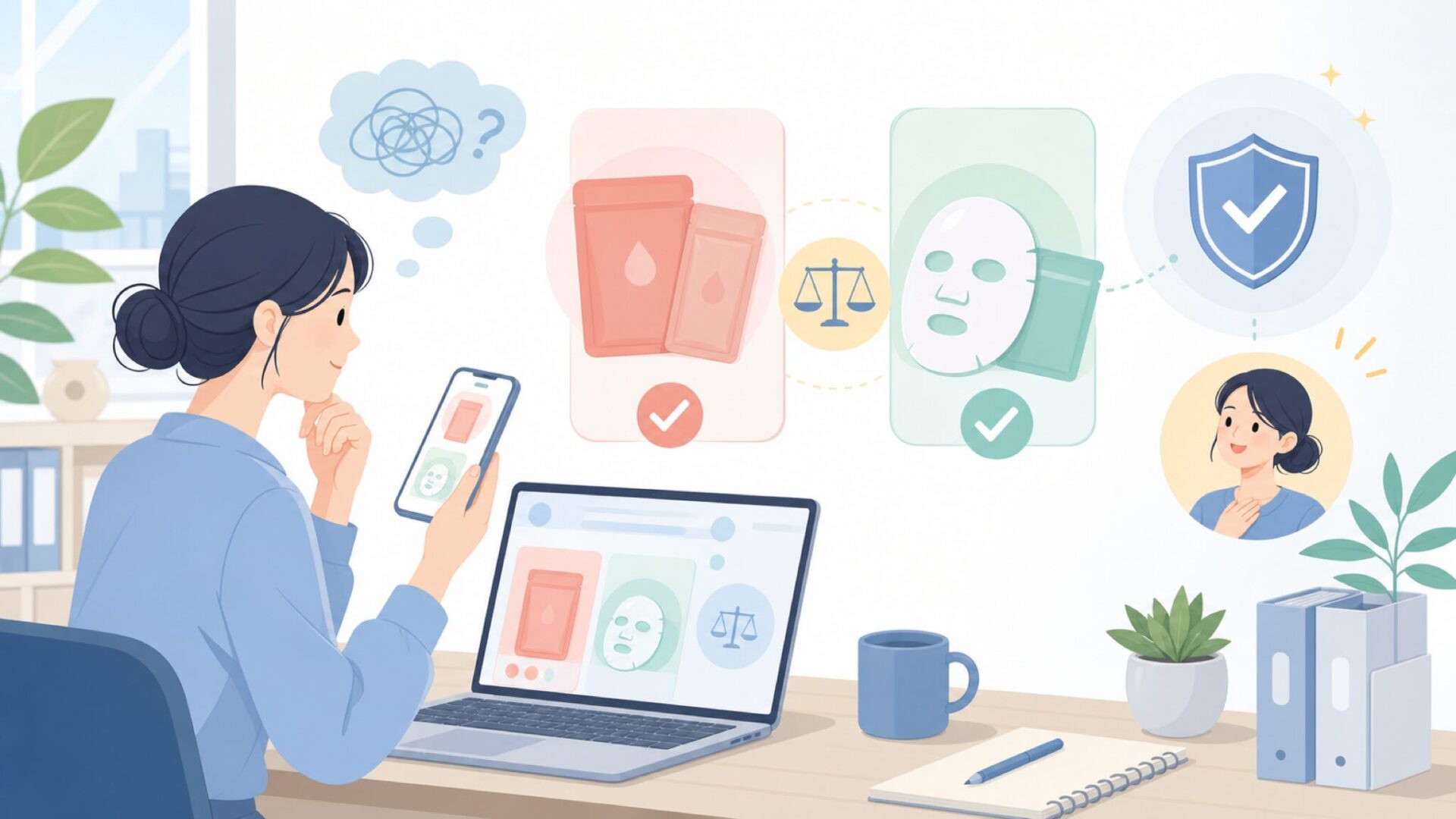 人気商品ラインナップを比較—パックとシカマスクの違いを表すイラスト