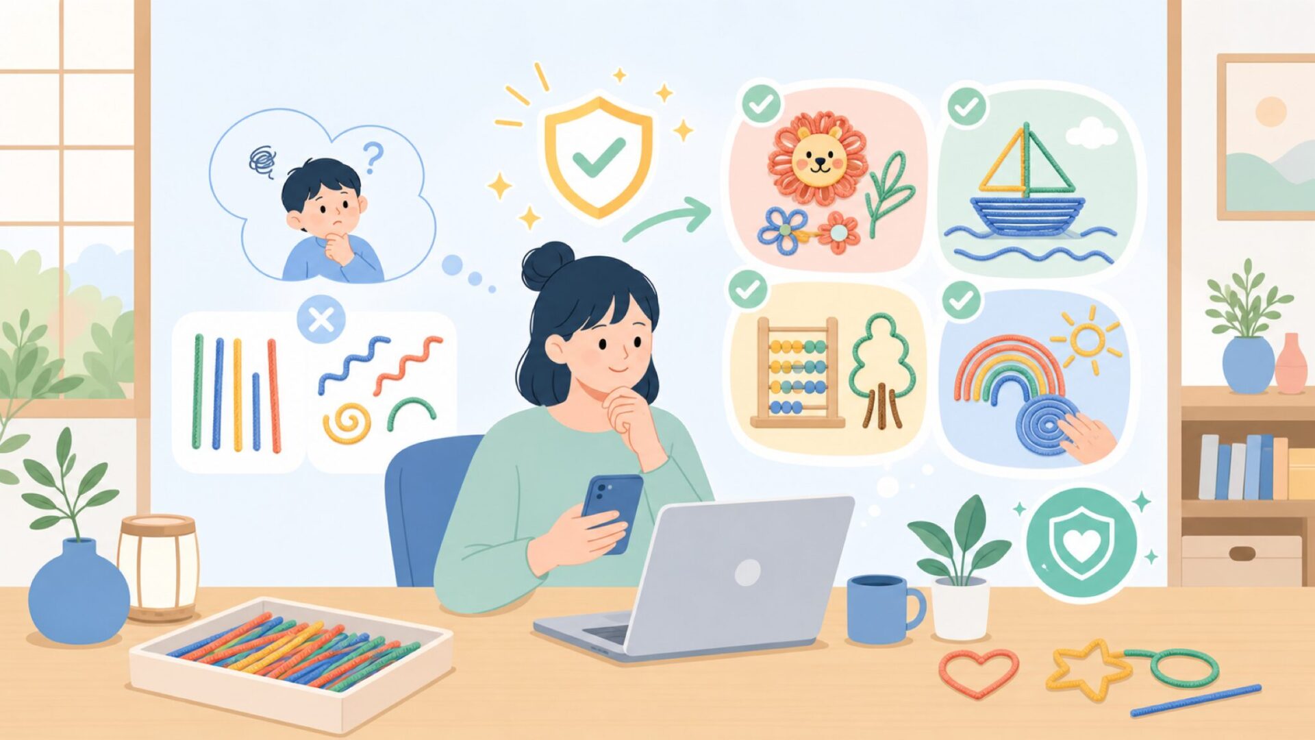Wikki Stixの使い道——工作・学習・感覚遊びまで幅広くを表すイラスト