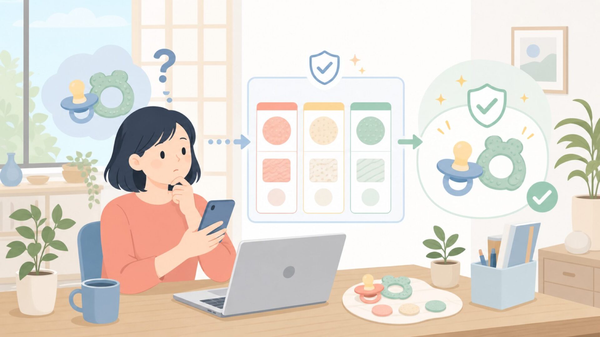 素材と安全性への配慮を確認しようを表すイラスト