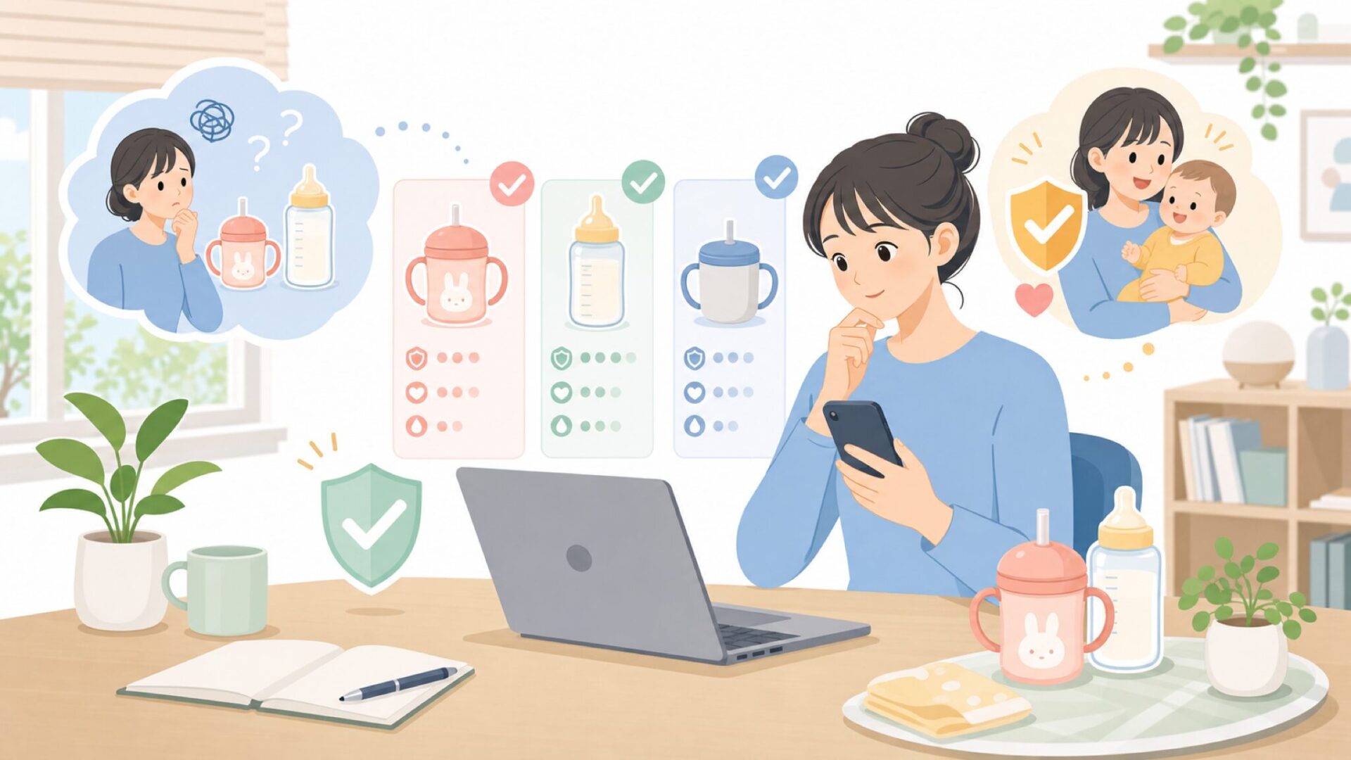 毎日の授乳・お出かけを支えるストローマグと哺乳びんの機能性を表すイラスト