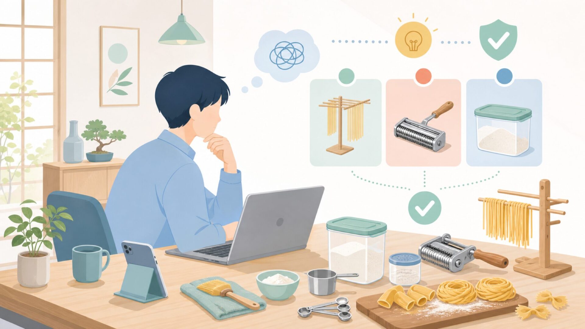 パスタ作りをもっと楽しくする周辺アイテムを表すイラスト
