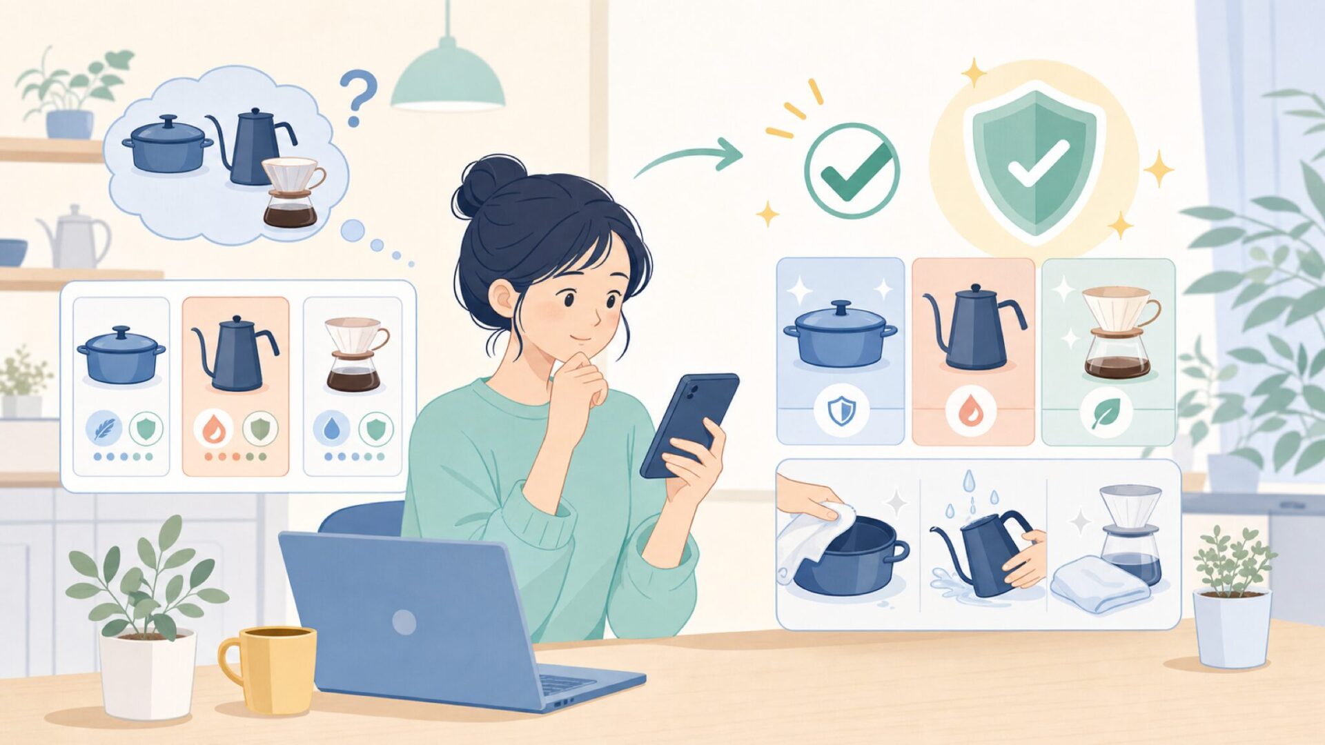購入前に知っておきたい使い方とお手入れのコツを表すイラスト