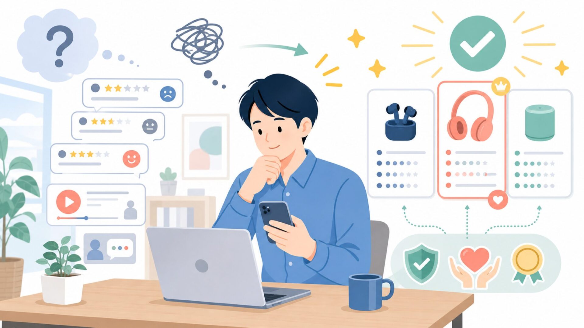 口コミを確認するときに見ておきたいポイントを表すイラスト