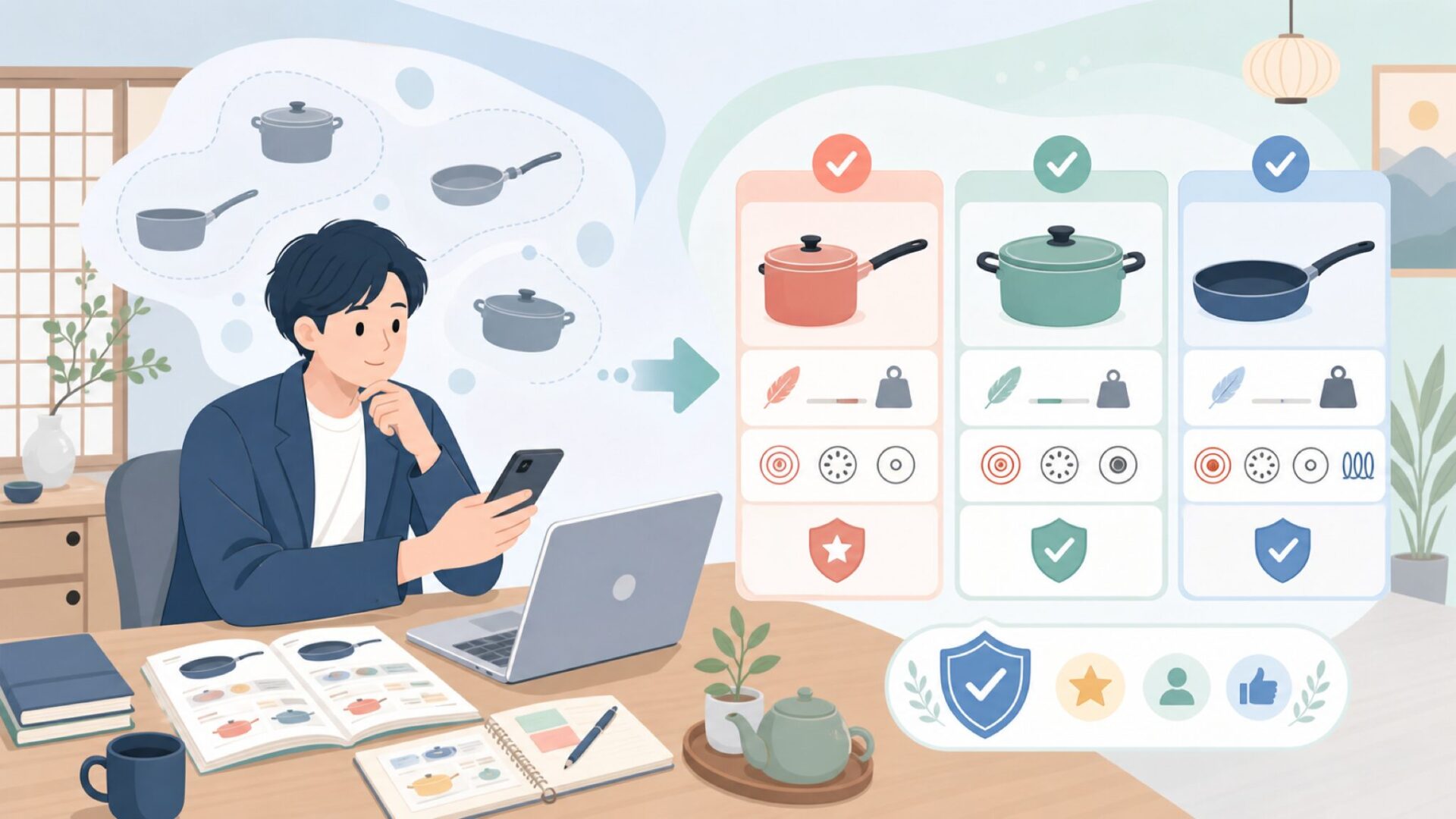 シリーズごとに違うMonetaの調理器具ラインナップを表すイラスト