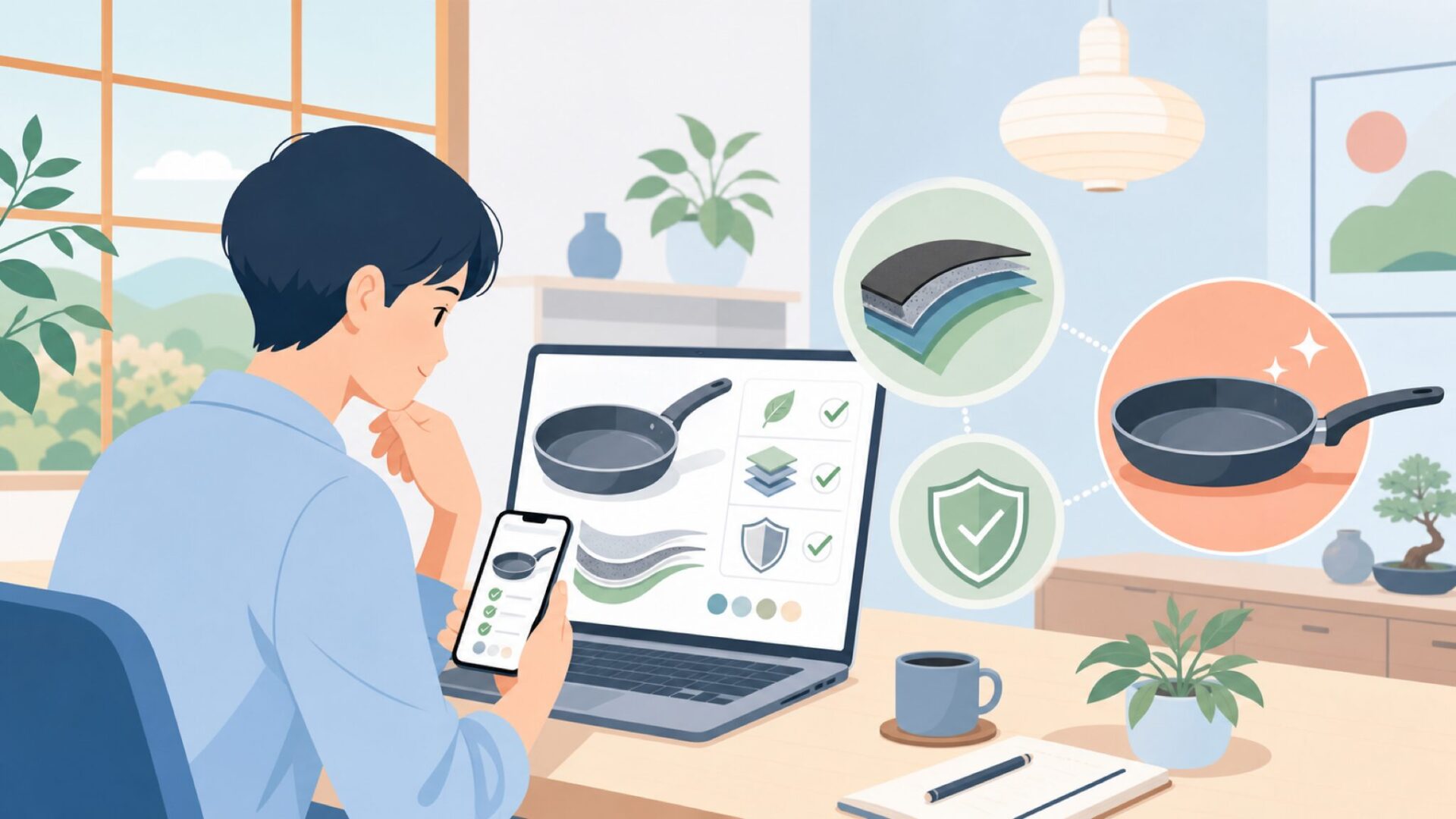 Wollフライパンの安全性を確認する ― 素材とコーティングを表すイラスト