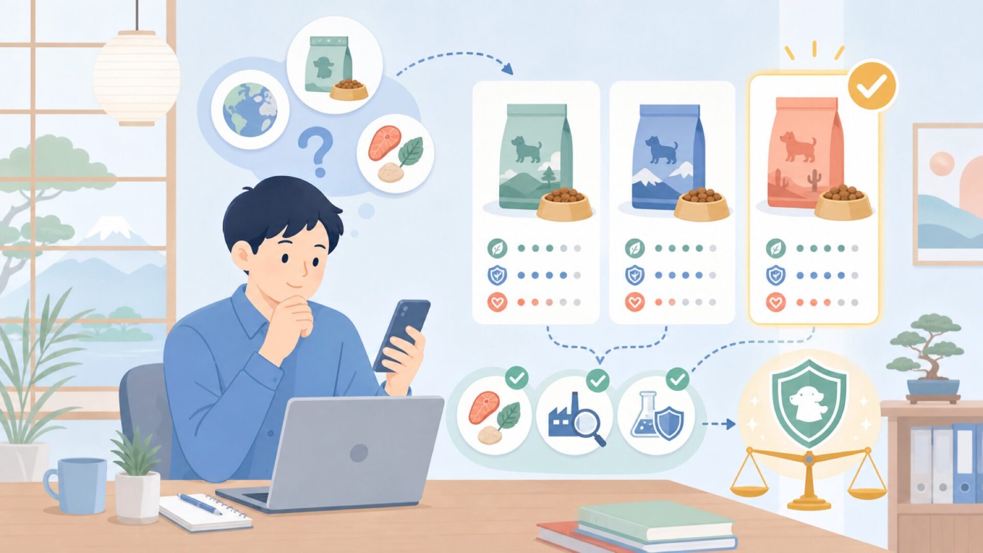 ドッグフードの原産国で比較する視点を表すイラスト