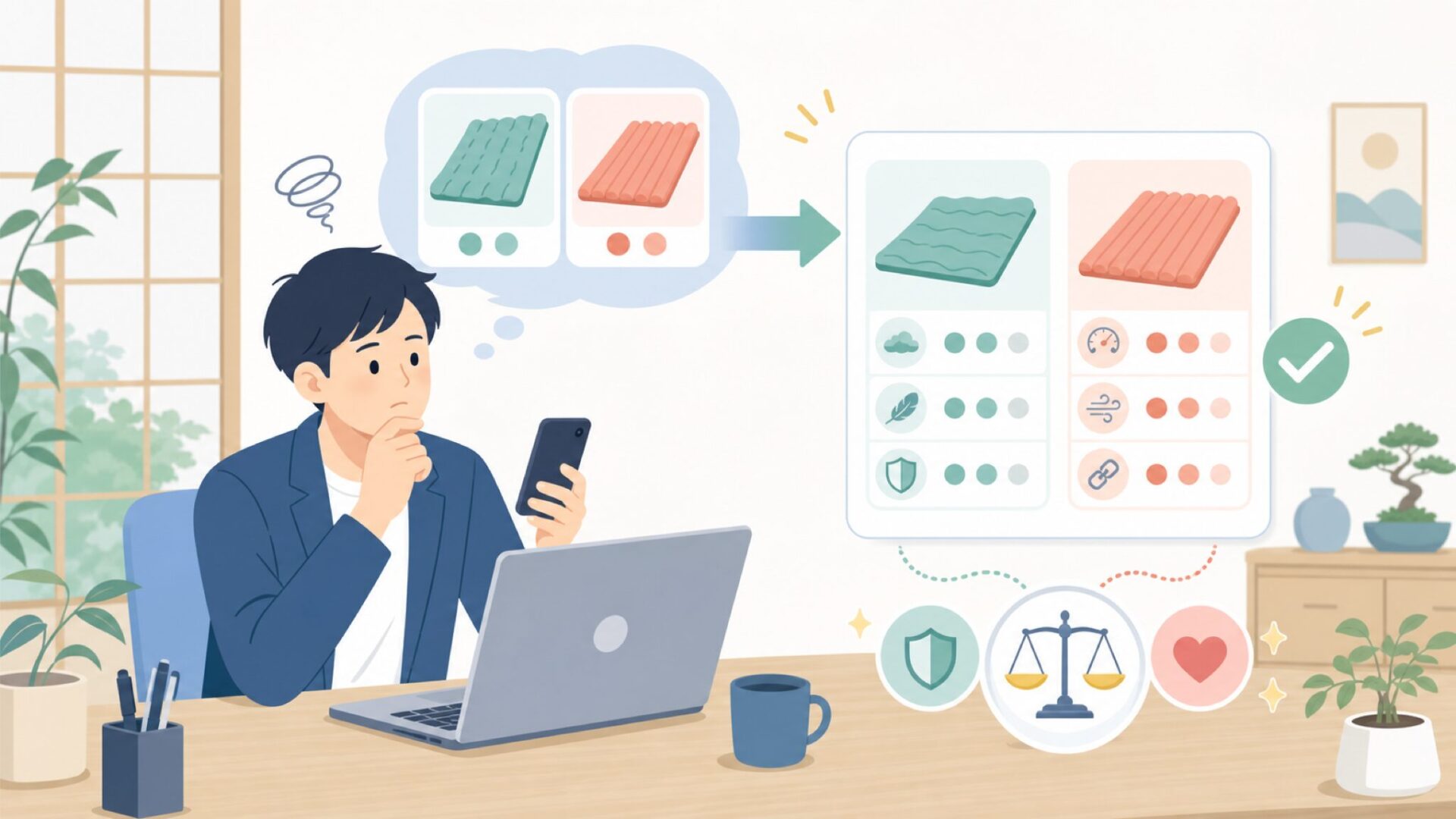 失敗しないマット選び①：シリーズと膨らませ方の違いを理解するを表すイラスト