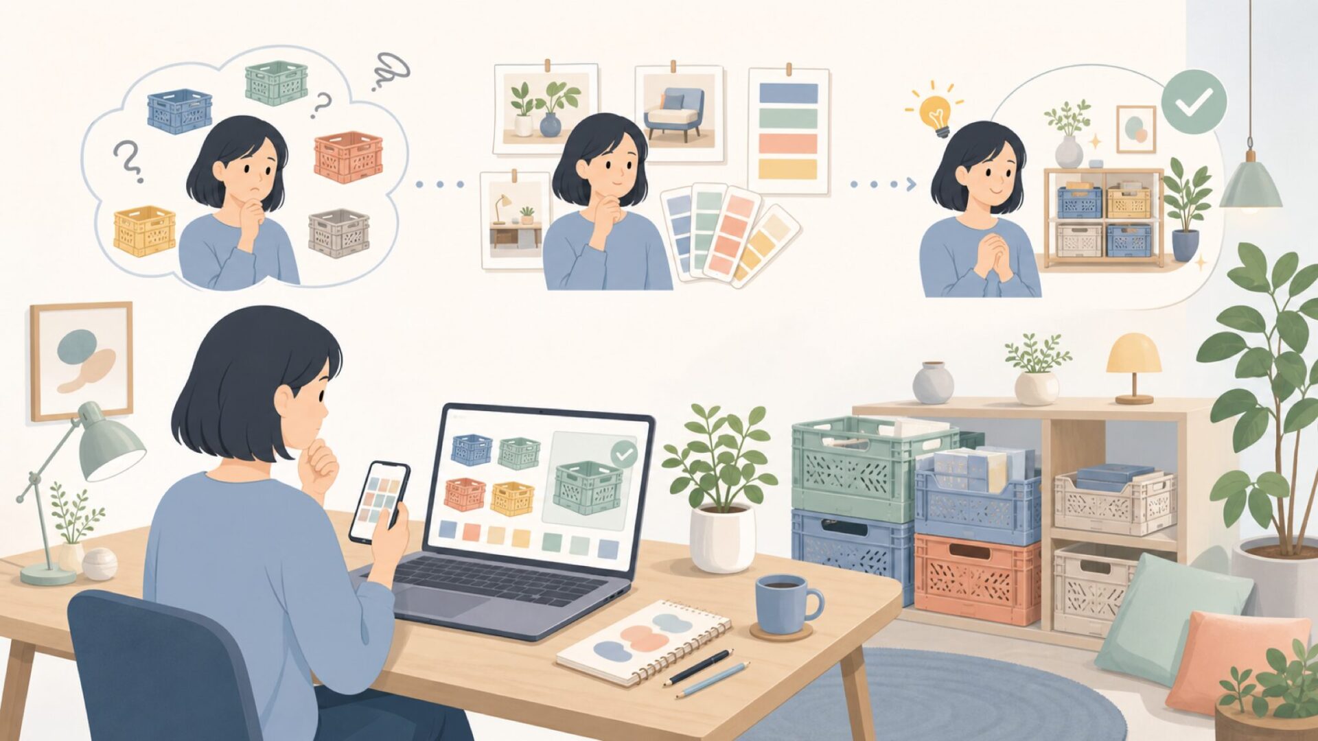 Aykasaの色の選び方——インテリアに馴染むカラーパレットを使いこなすを表すイラスト