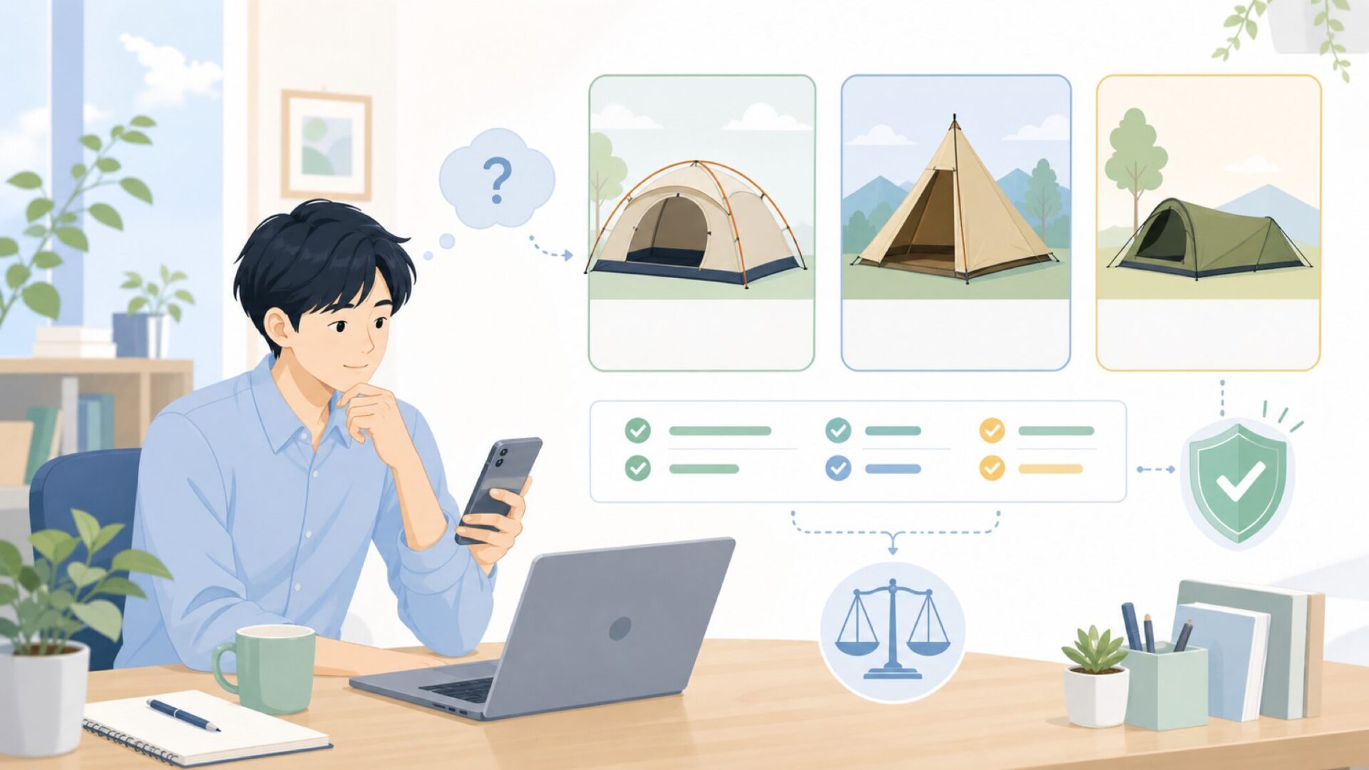 テント選びで比較されるKOVEA — ドーム型・ワンポール型・ソロ向けの違いを表すイラスト