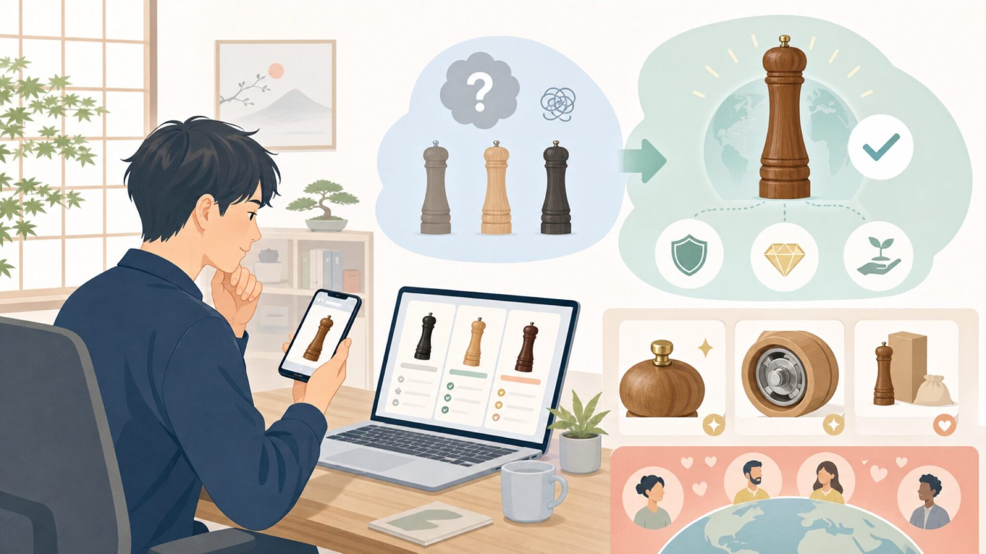 プジョーのペッパーミルが世界中で愛される理由を表すイラスト