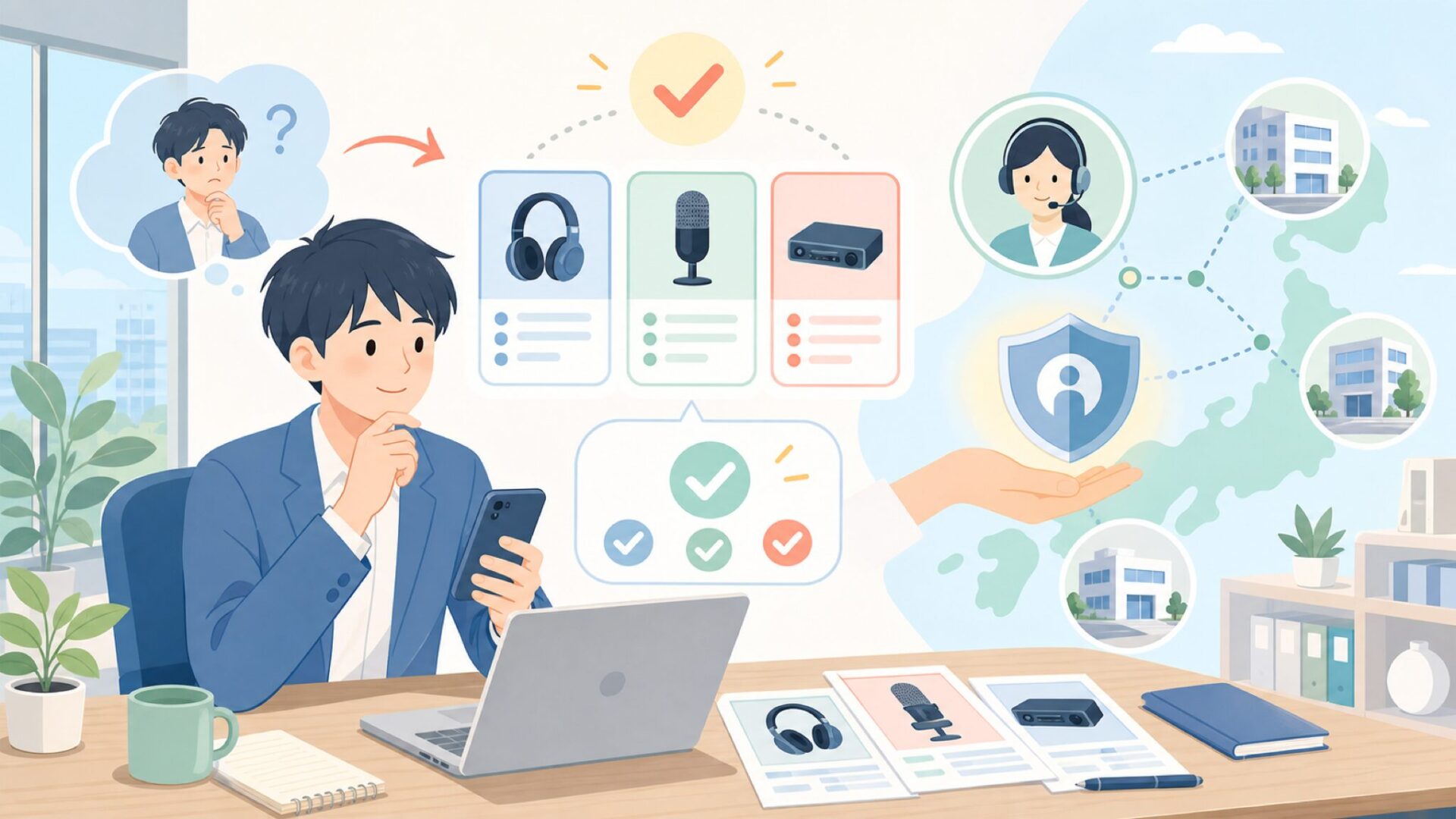 TASCAMの国内拠点とサポート体制で分かる安心材料を表すイラスト