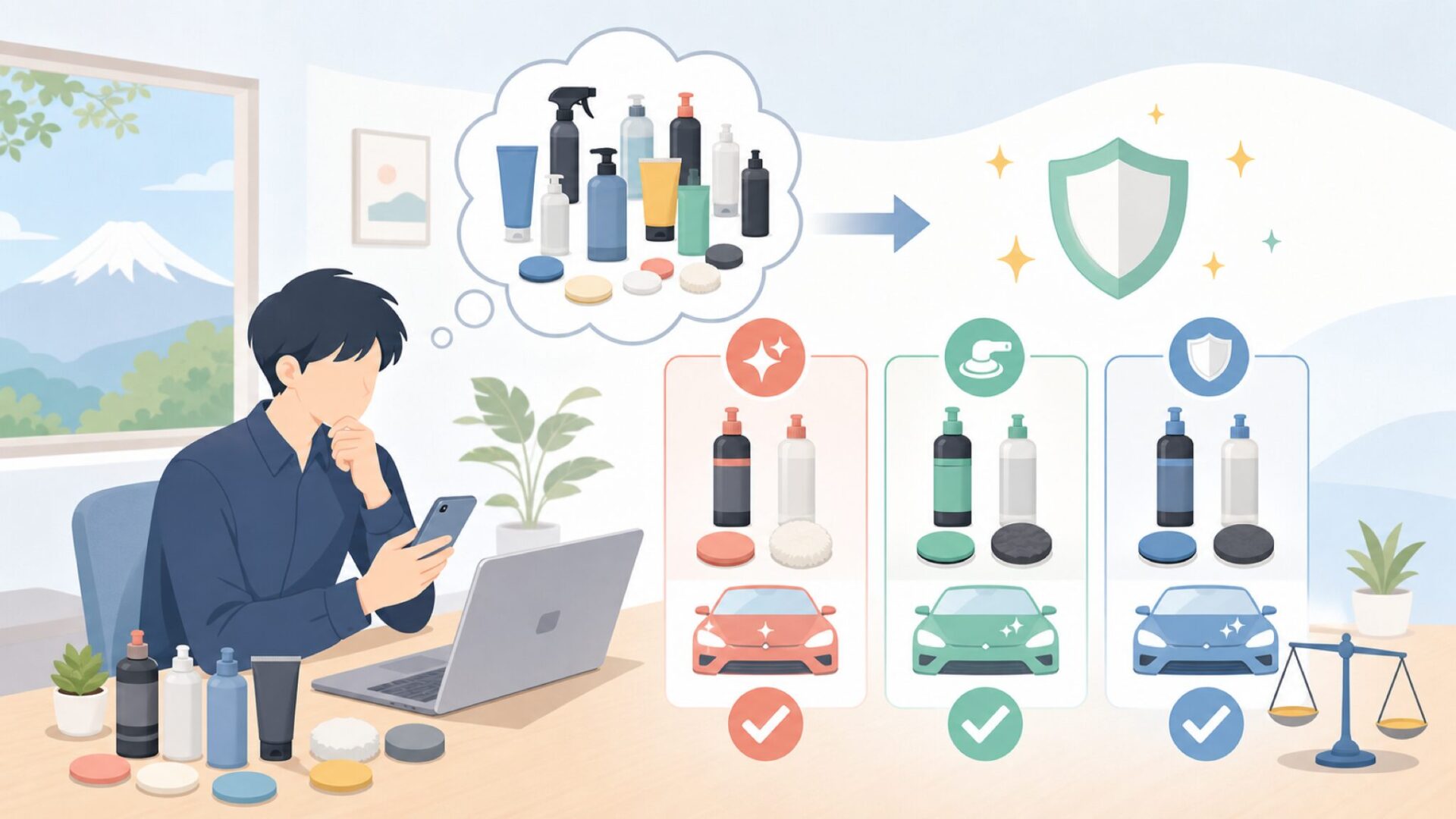 Menzernaの代表的な商品ラインナップと選び方を表すイラスト