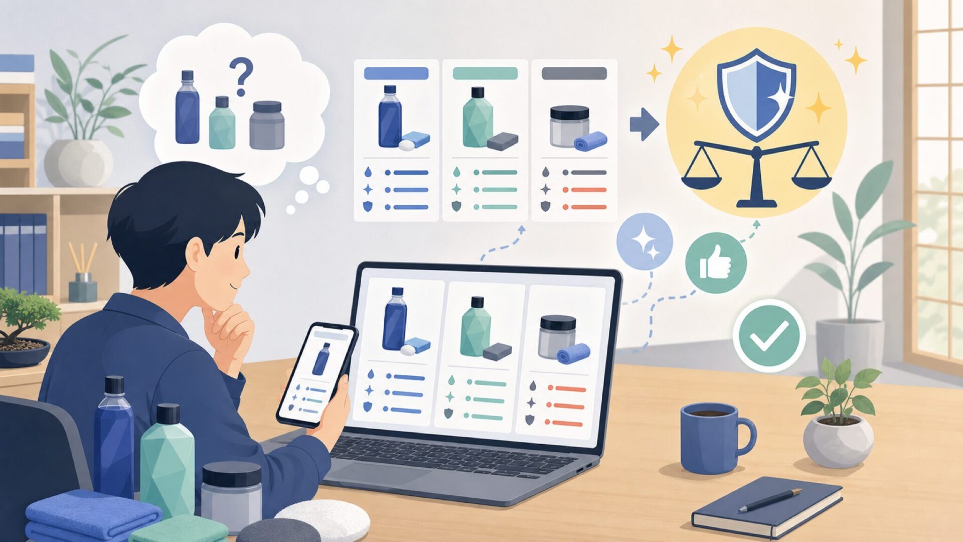 代表商品でわかるGYEONの実力（BATHE＋・Q2 MatteEVOほか）を表すイラスト