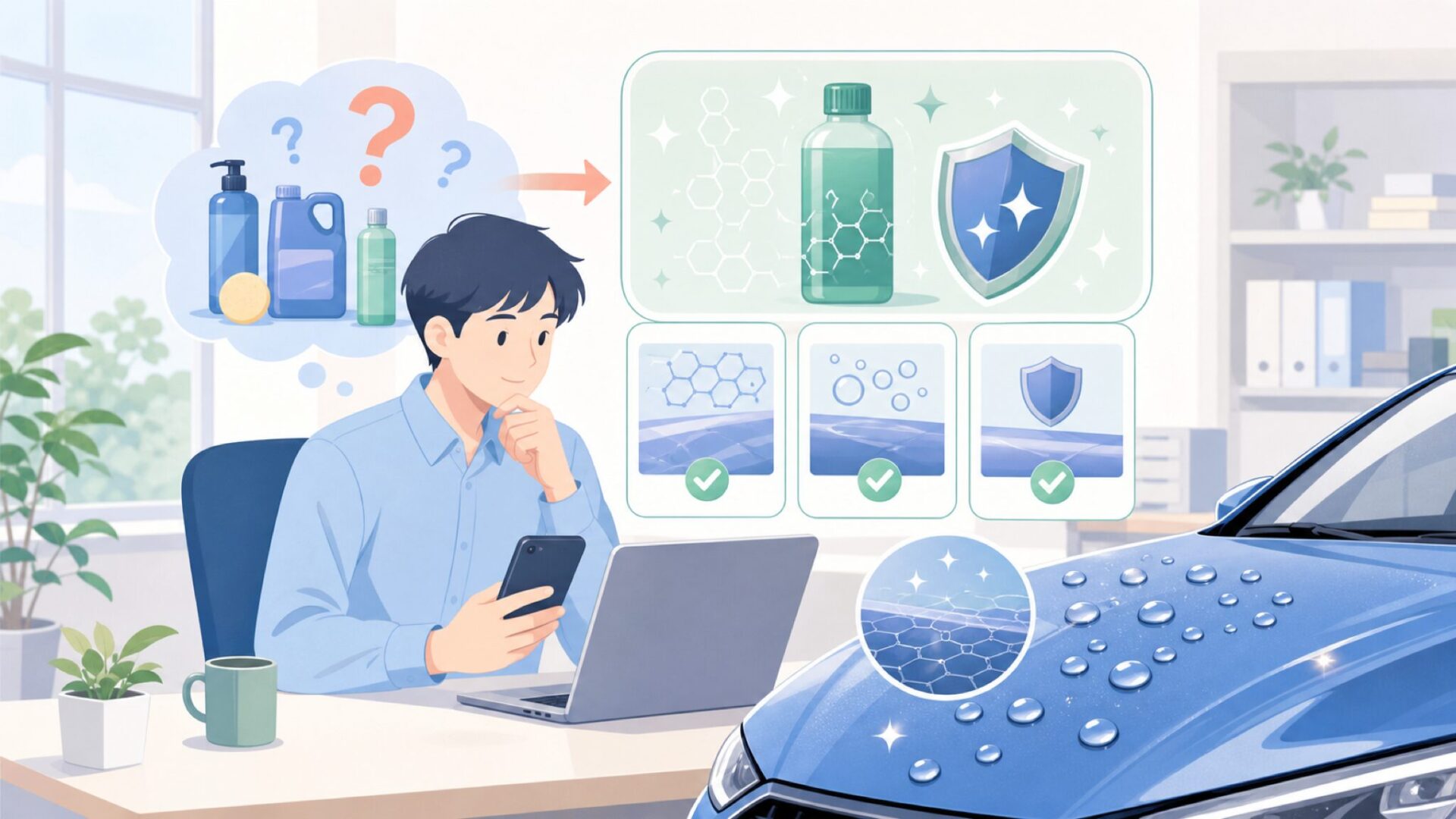 コーティング性能を引き出すグラフェンシャンプーを表すイラスト