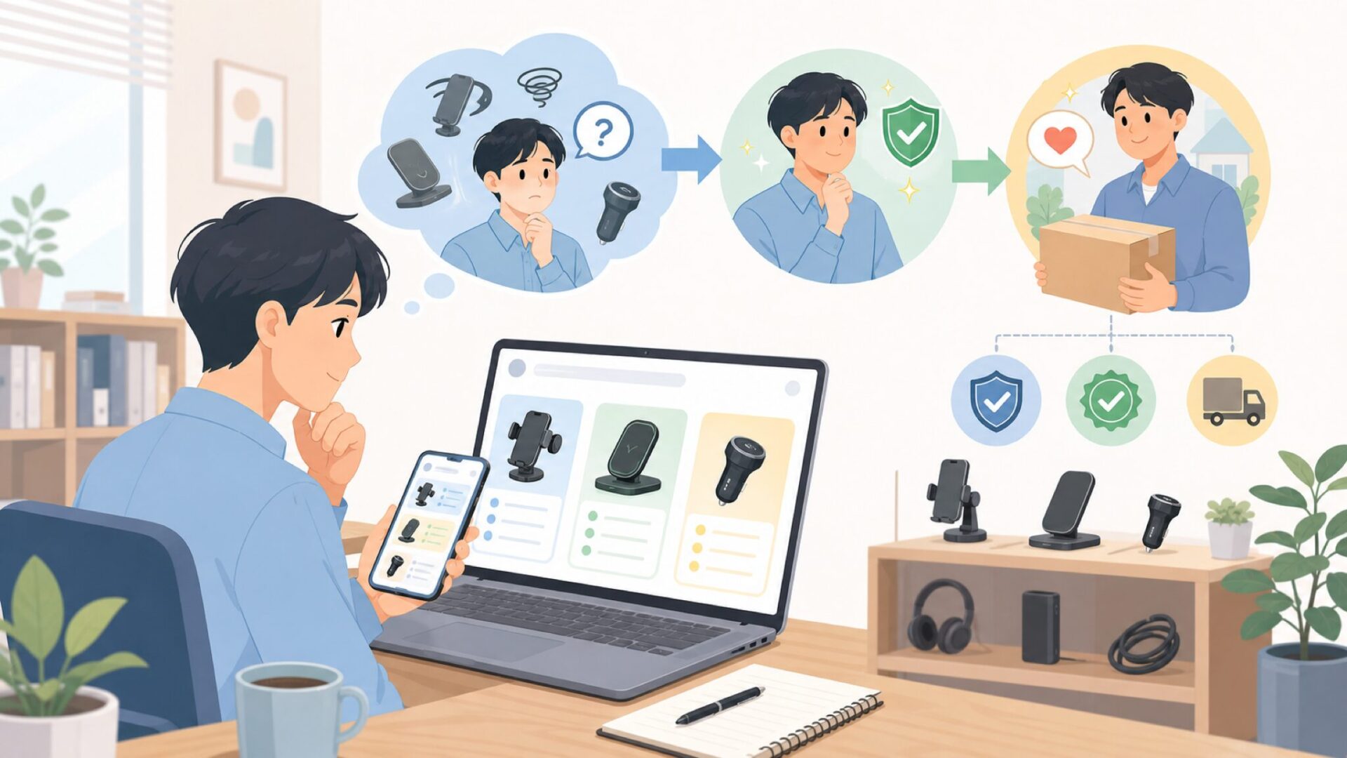 日本でScosche製品を購入する際に確認したいポイントを表すイラスト
