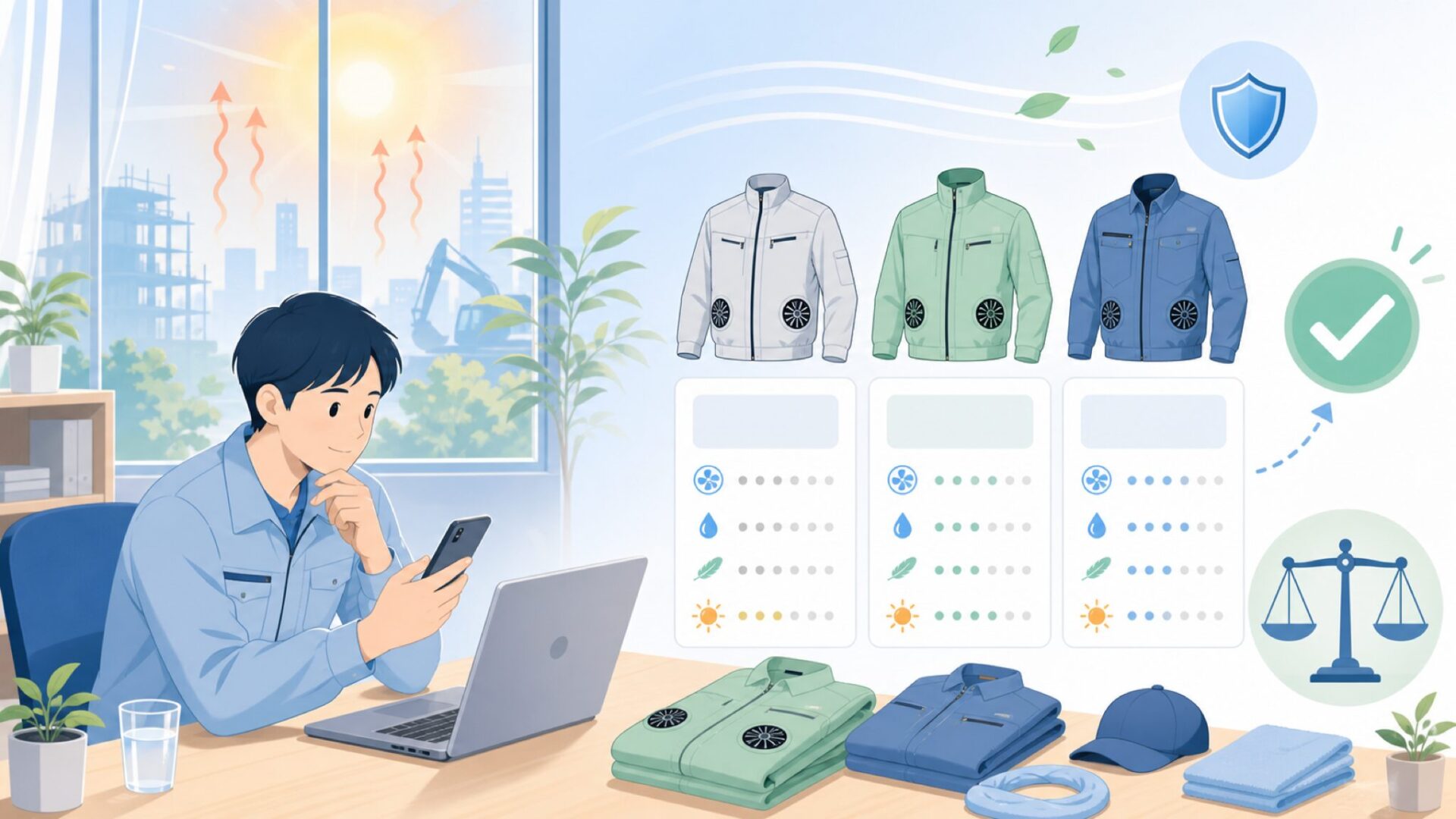 現場の暑さ対策に強い桑和の空調服を表すイラスト