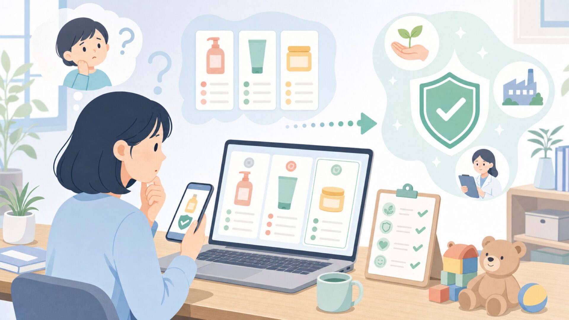 購入前に確認したい安全性と信頼のポイントを表すイラスト
