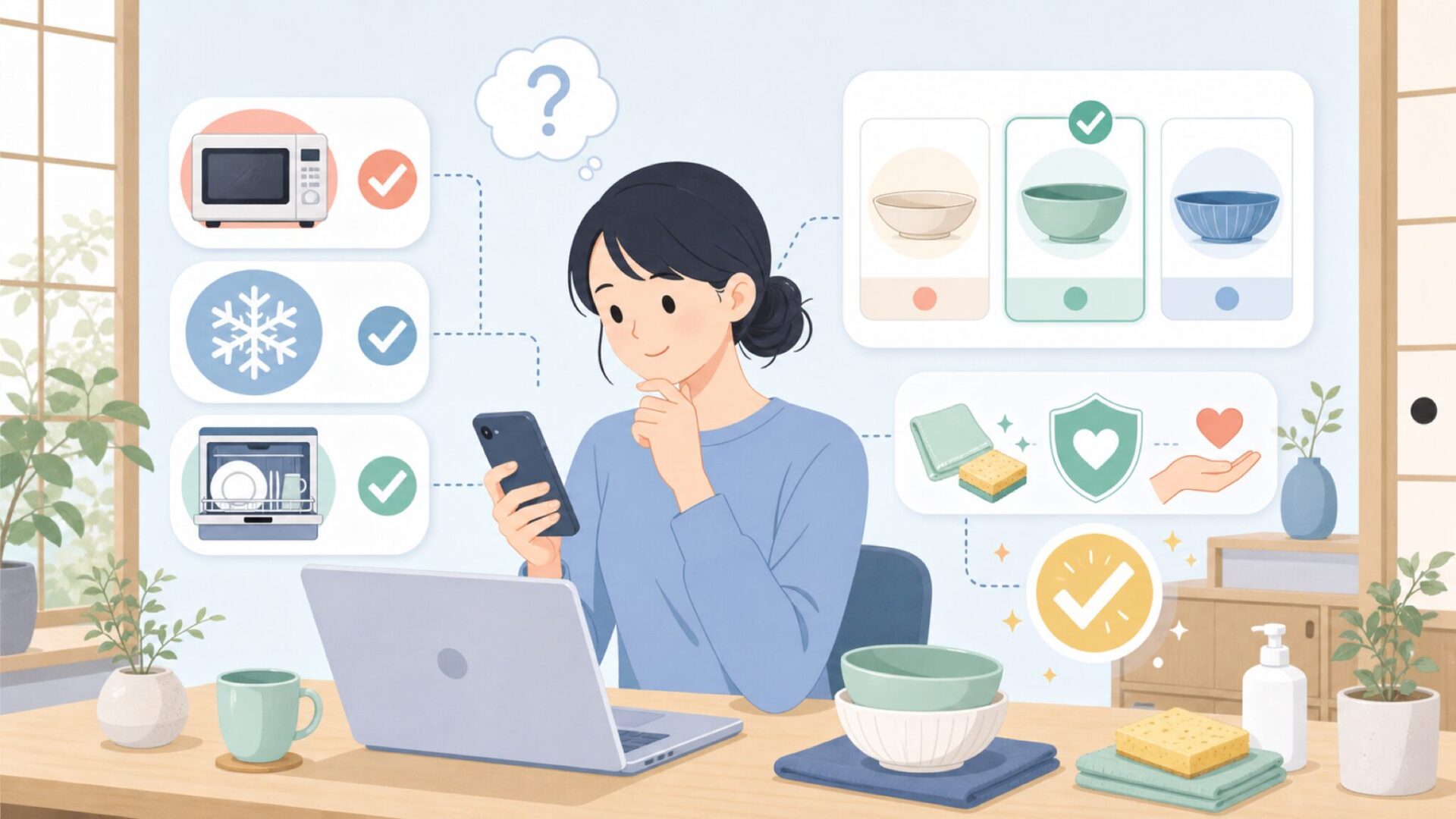 電子レンジ・冷凍・食洗機は大丈夫？日常使いの疑問と手入れを表すイラスト