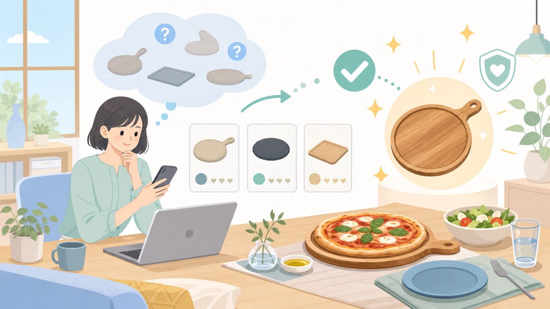 代表アイテム1 ピザボード ― 食卓を彩る木製サーブ皿を表すイラスト