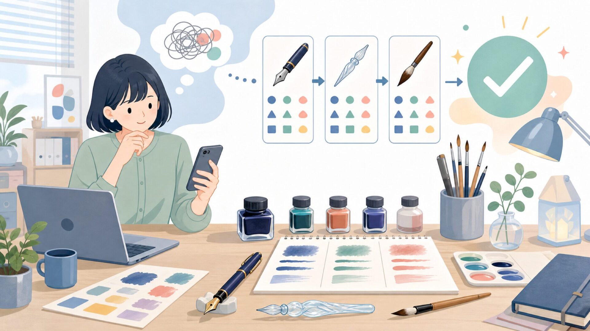 万年筆・ガラスペン・筆で試すRohrer & Klingnerインクの書き味を表すイラスト