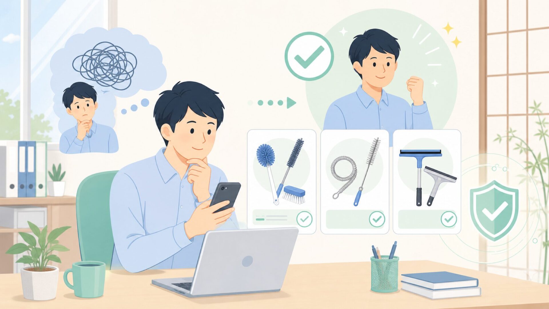 Vikanの代表的な製品ラインナップ（vikan ブラシ・パイプクリーナー・水切り）を表すイラスト