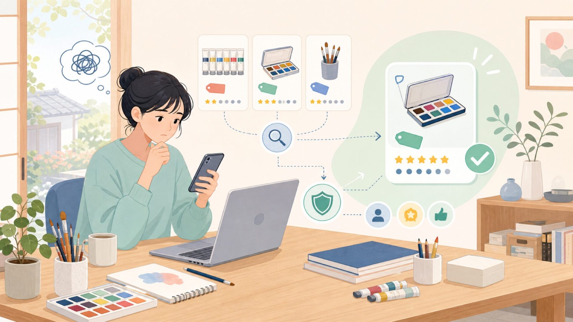 価格とレビューから見る信頼度チェックを表すイラスト