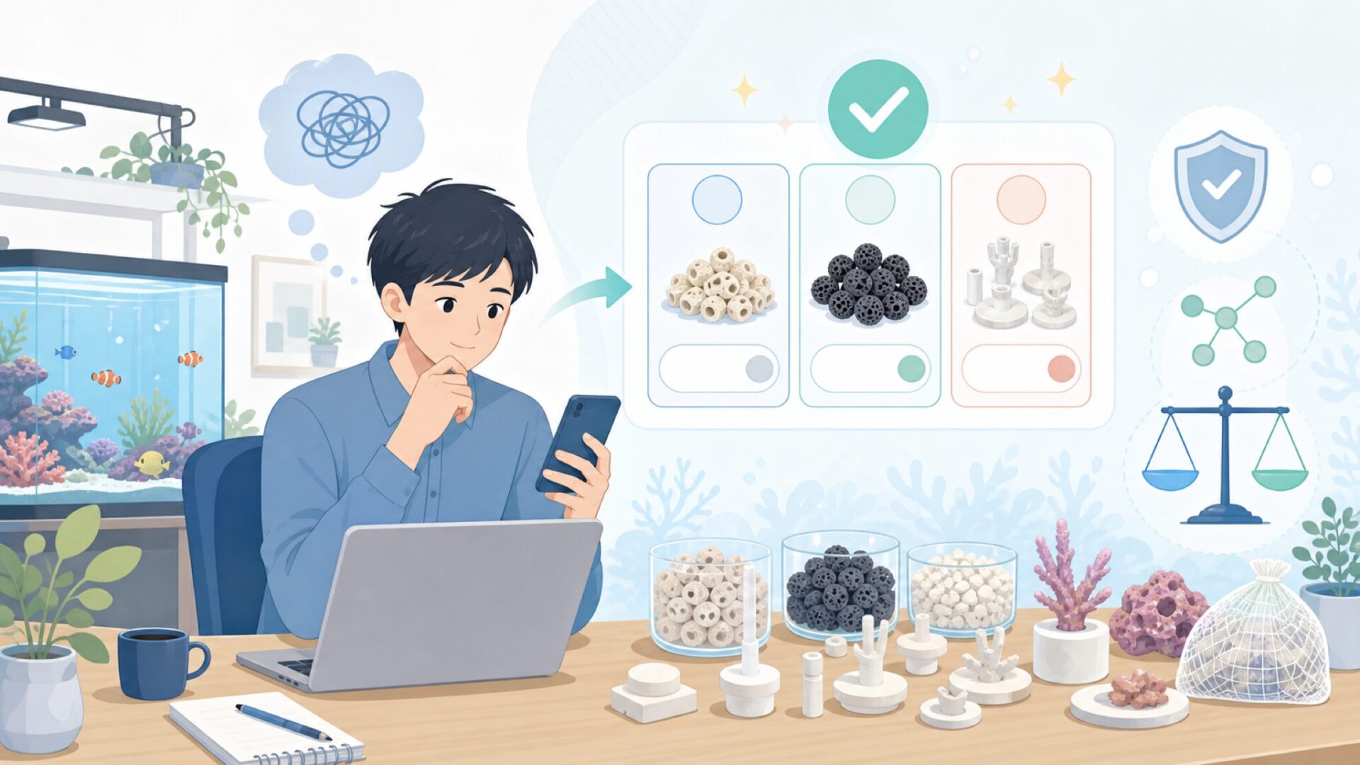 ろ材・サンゴ固定用品に見るMaxspectのものづくりを表すイラスト