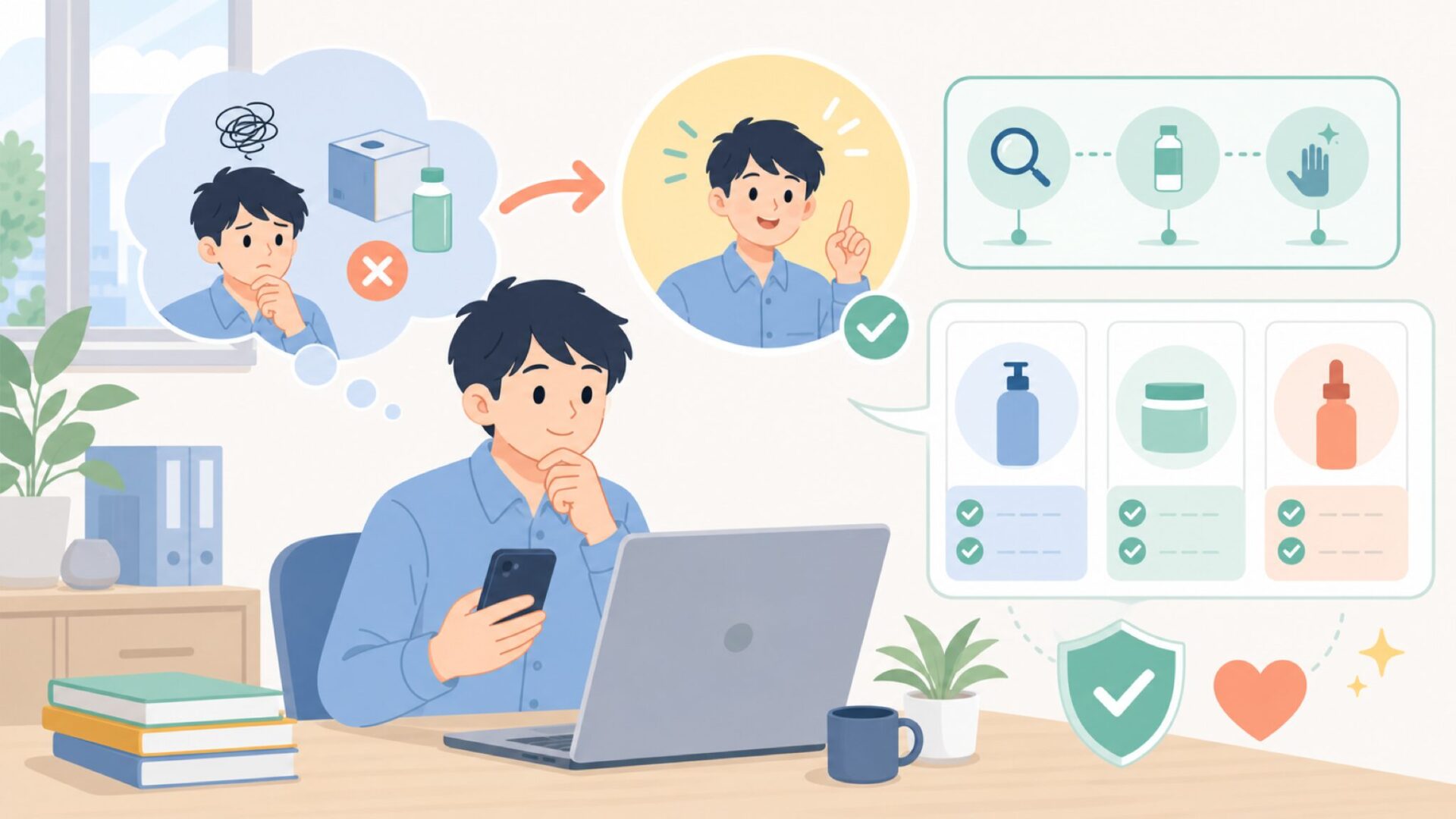 初心者でも失敗しないための使い方ガイドを表すイラスト