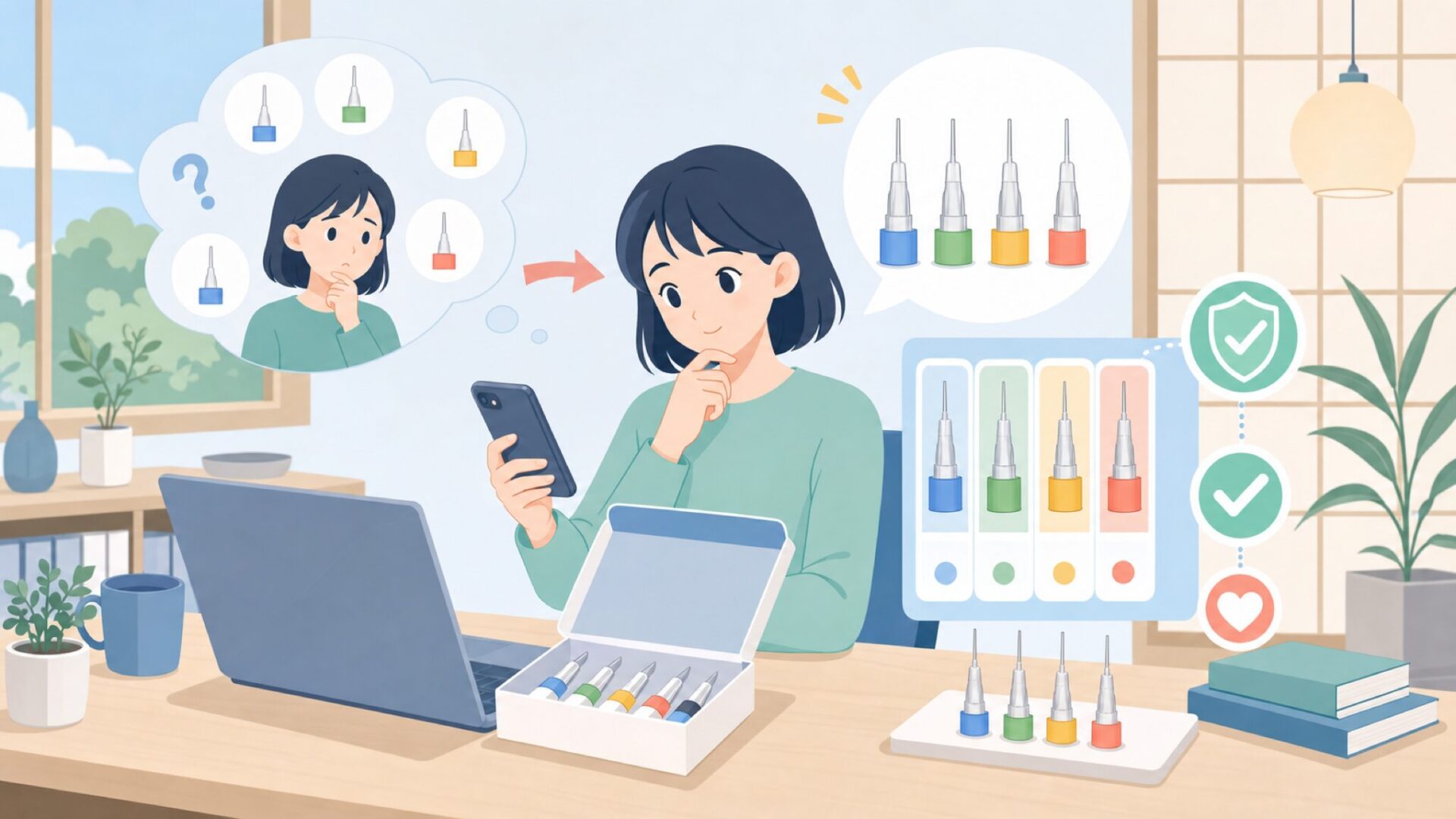 カラーバンドシステムの見方―色で種類とサイズを見分けるを表すイラスト