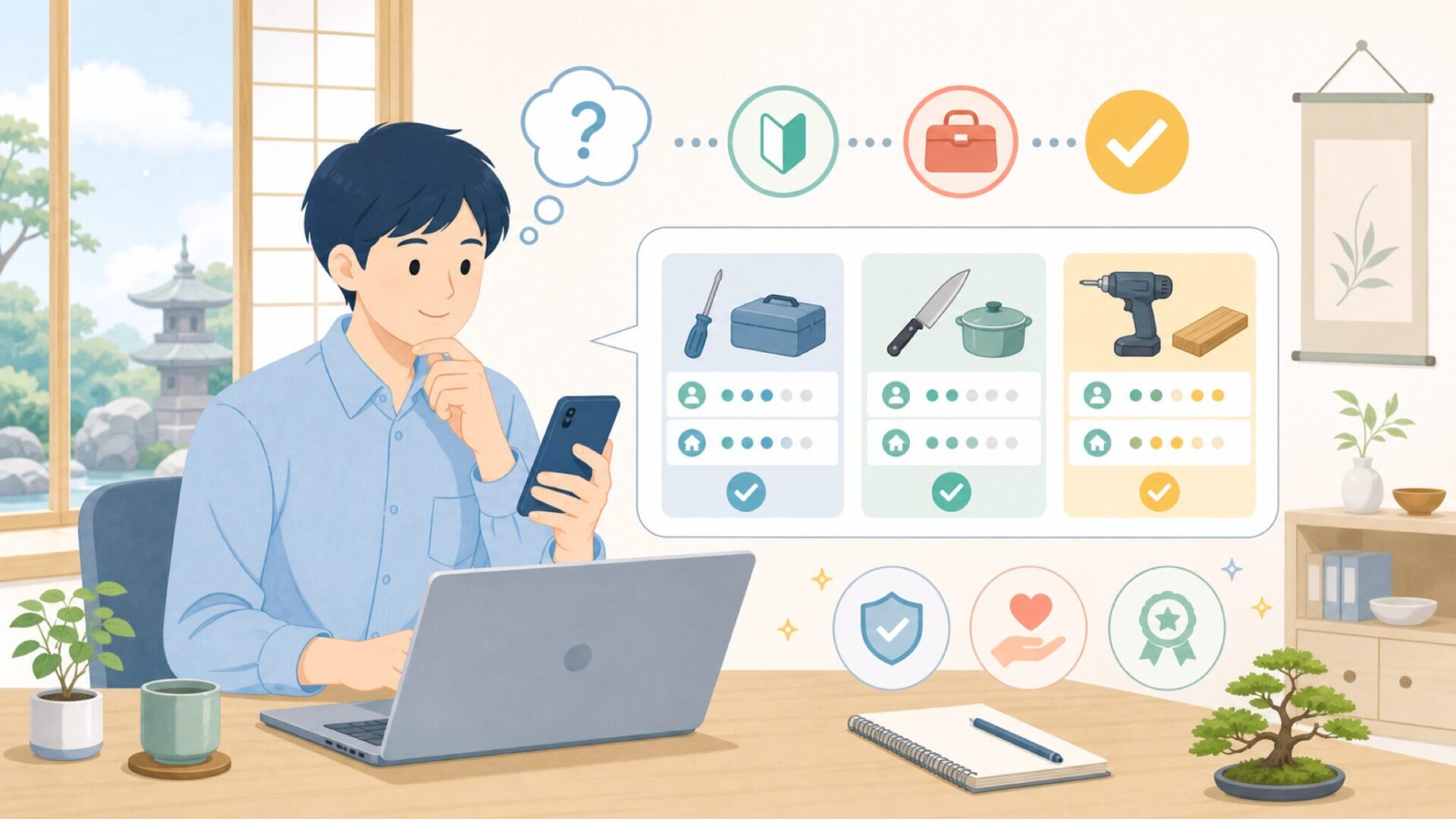 初心者でも失敗しない道具の選び方を表すイラスト