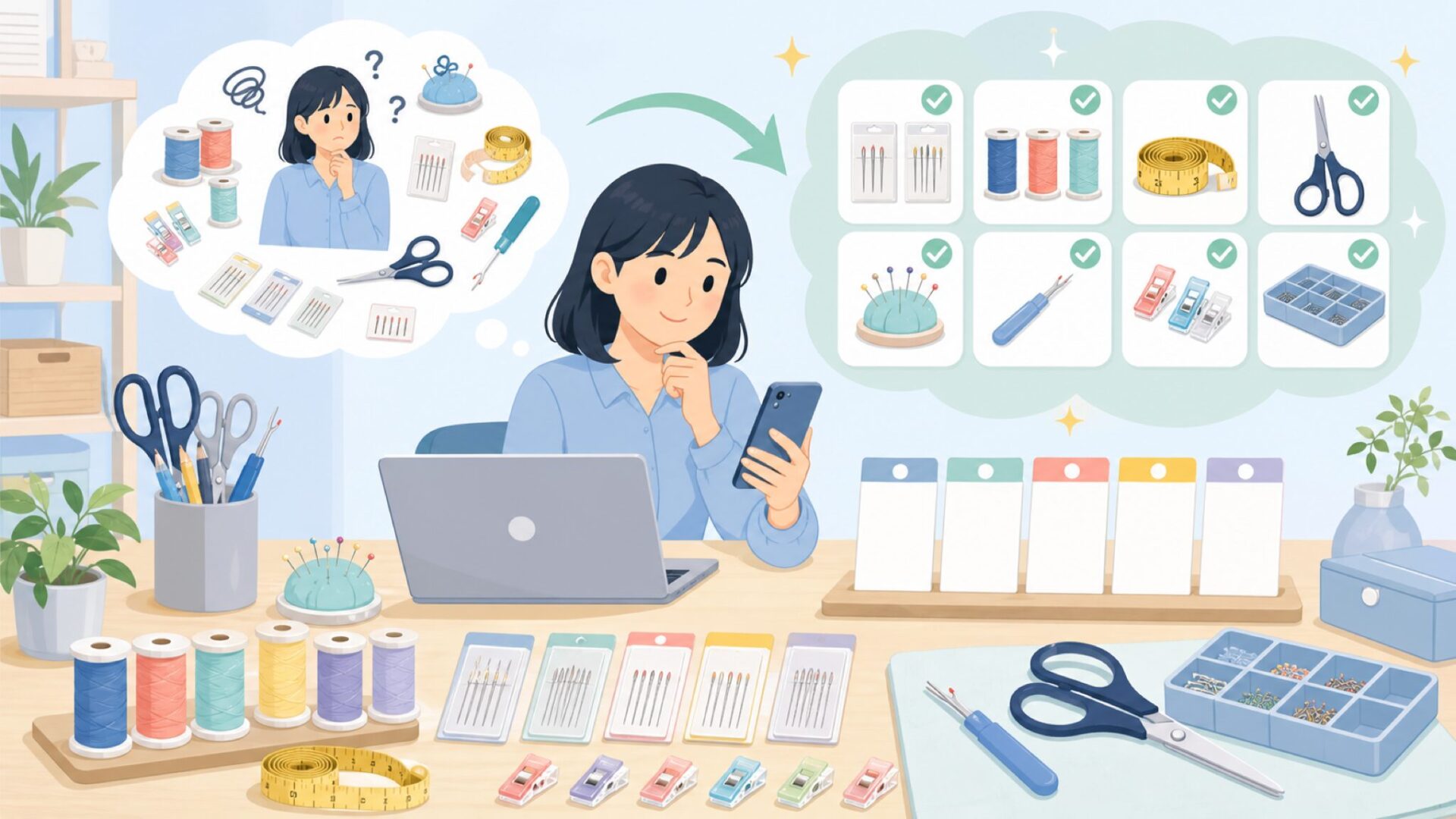 Hemlineの裁縫道具ラインナップと得意分野を表すイラスト