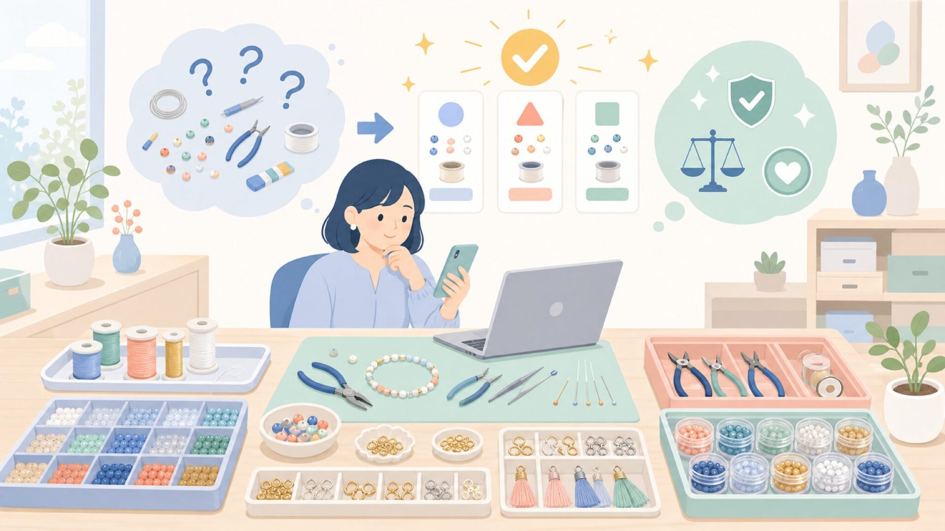 The Beadsmithの代表的なビーズ用品と使い道を表すイラスト